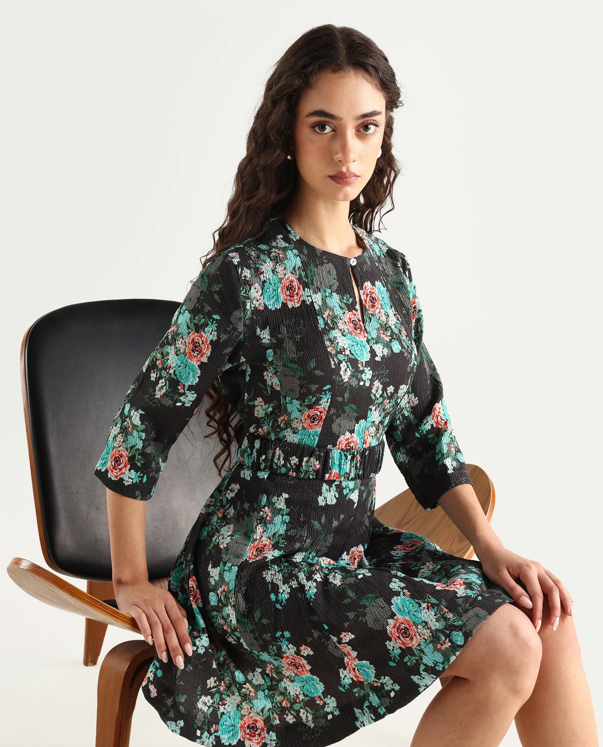 Rareism Women's Vasec Grey Key Hole Neck Floral Print Knee Length Regular Fit Dress - Image 2