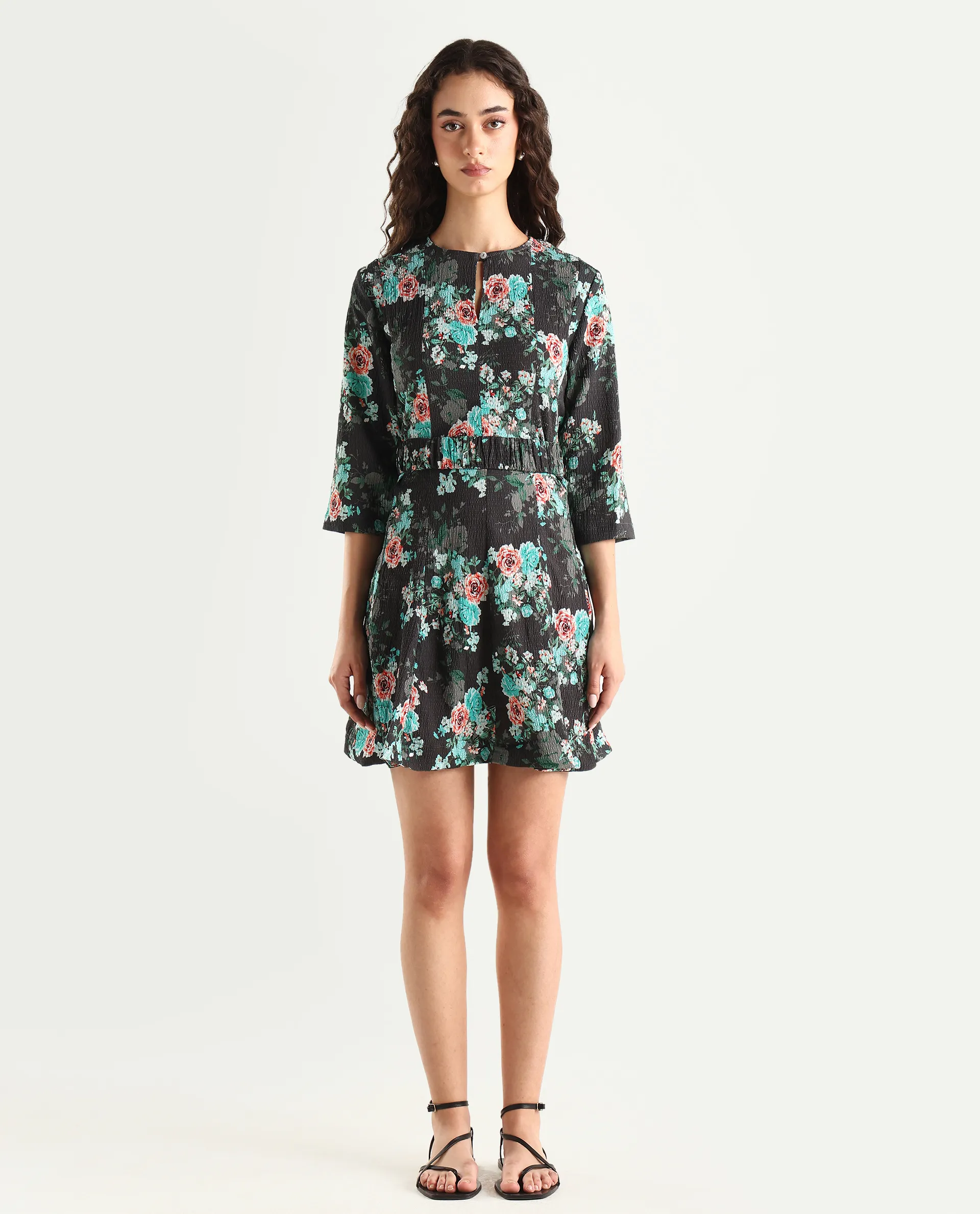 Rareism Women's Vasec Grey Key Hole Neck Floral Print Knee Length Regular Fit Dress - Image 3
