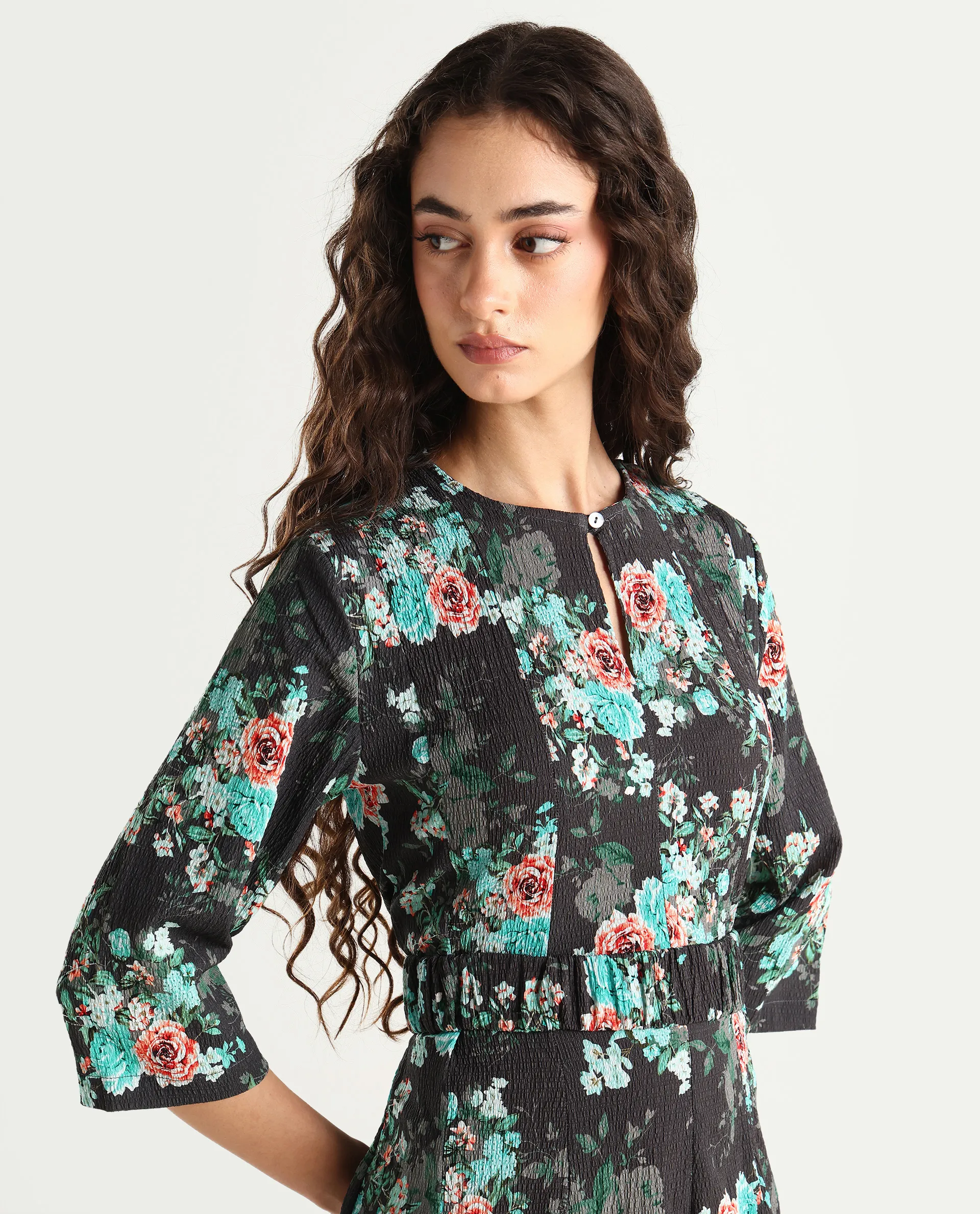 Rareism Women's Vasec Grey Key Hole Neck Floral Print Knee Length Regular Fit Dress - Image 4