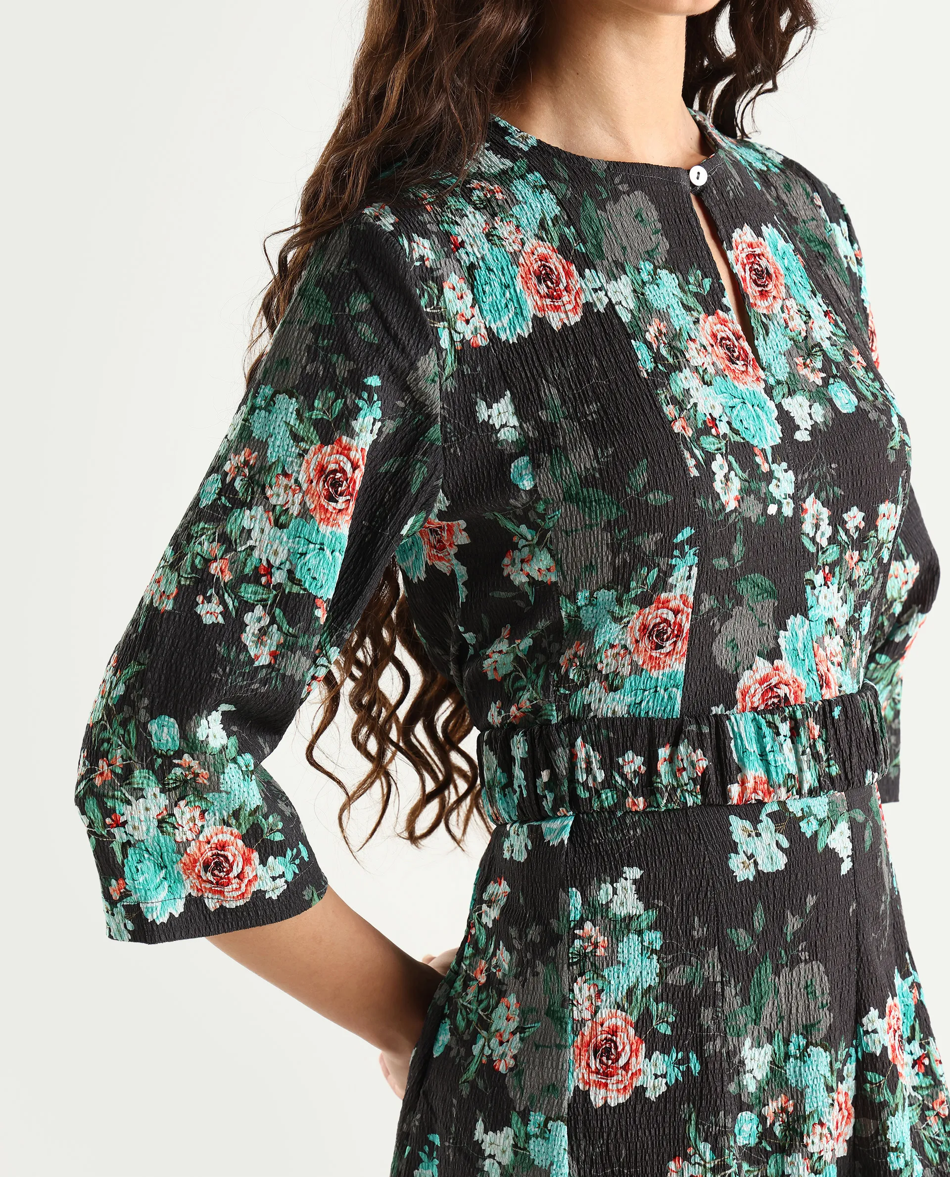 Rareism Women's Vasec Grey Key Hole Neck Floral Print Knee Length Regular Fit Dress - Image 5