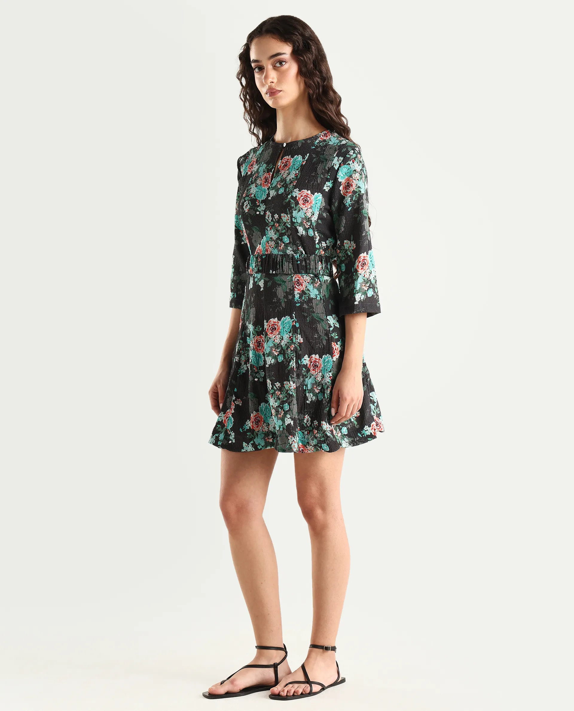 Rareism Women's Vasec Grey Key Hole Neck Floral Print Knee Length Regular Fit Dress - Image 6