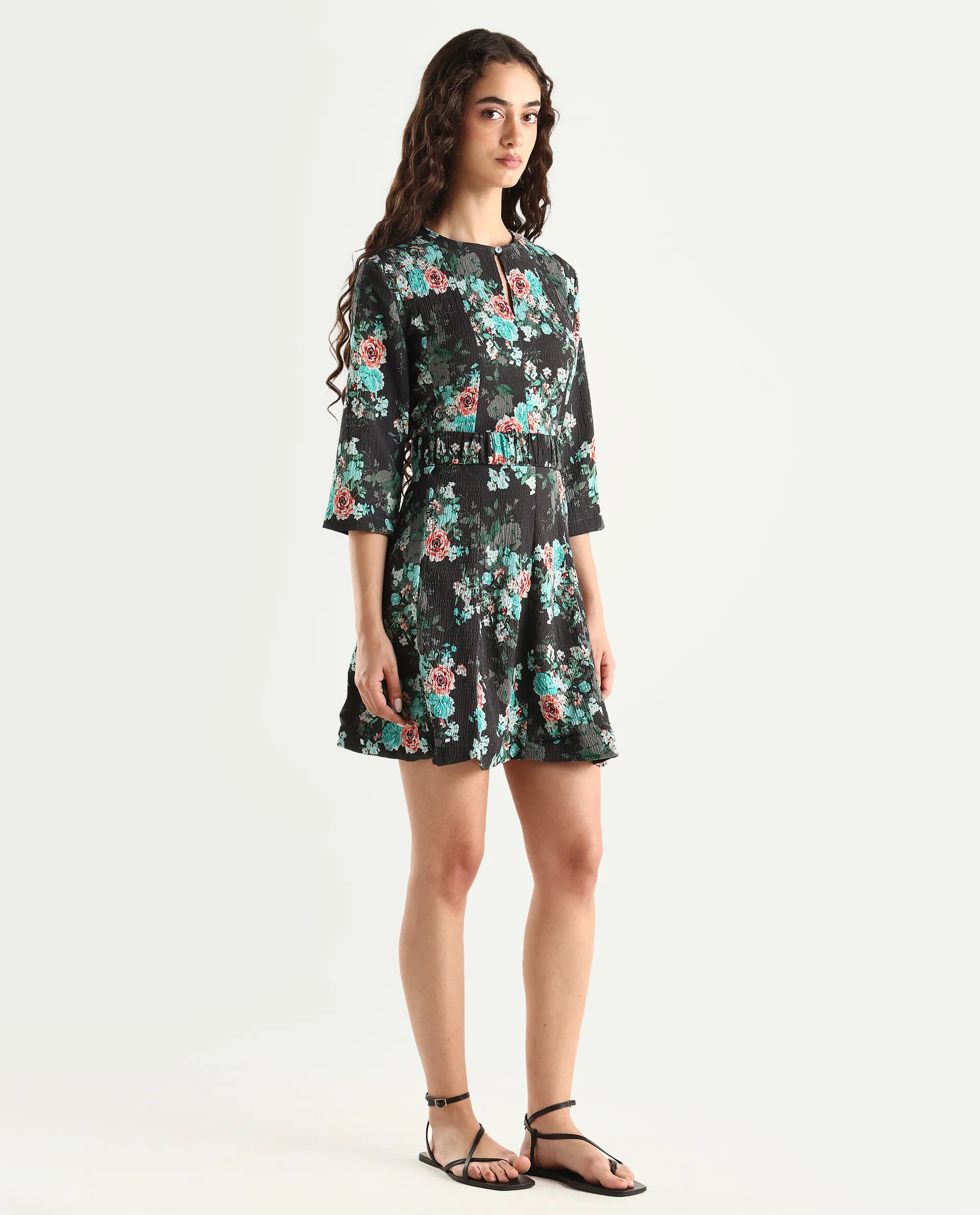 Rareism Women's Vasec Grey Key Hole Neck Floral Print Knee Length Regular Fit Dress - Image 7
