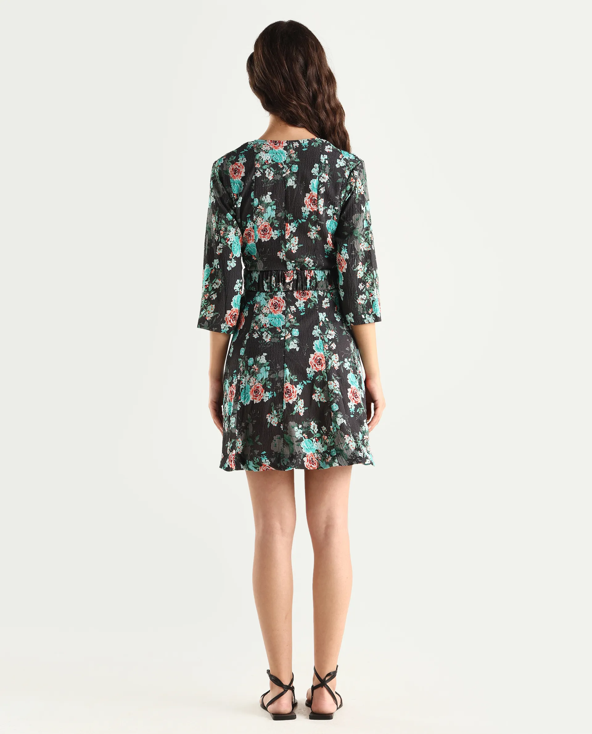 Rareism Women's Vasec Grey Key Hole Neck Floral Print Knee Length Regular Fit Dress - Image 8