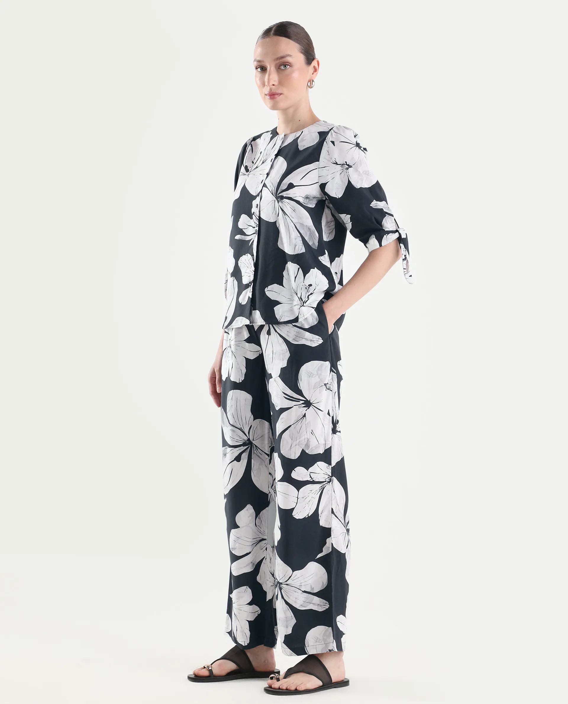 Rareism Women's Vasha-B Black Viscose Wide Floral Print Trouser - Image 5