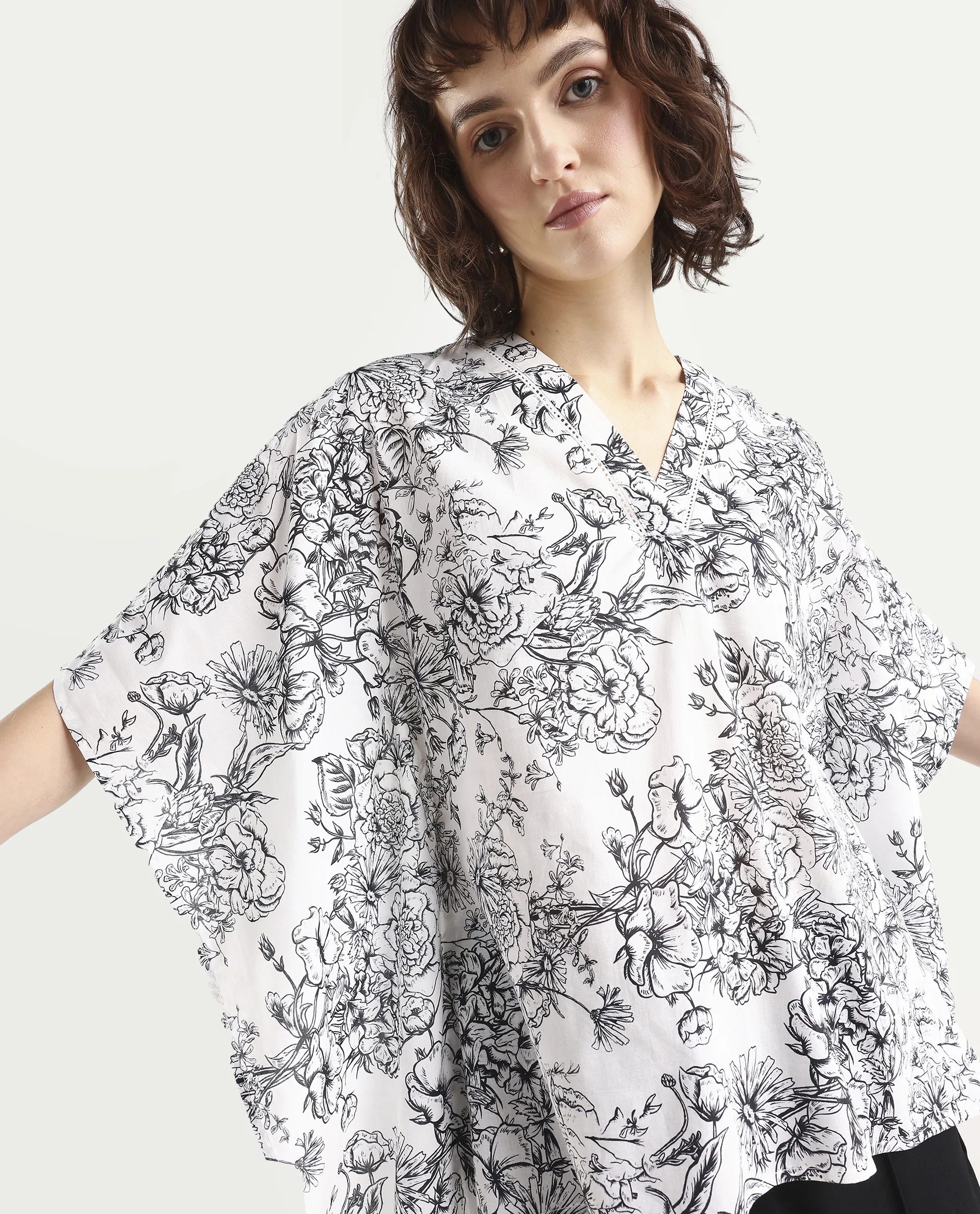 Rareism Women's Vasil White Cotton Half Sleeve V-Neck Regular Fit Floral Print Top