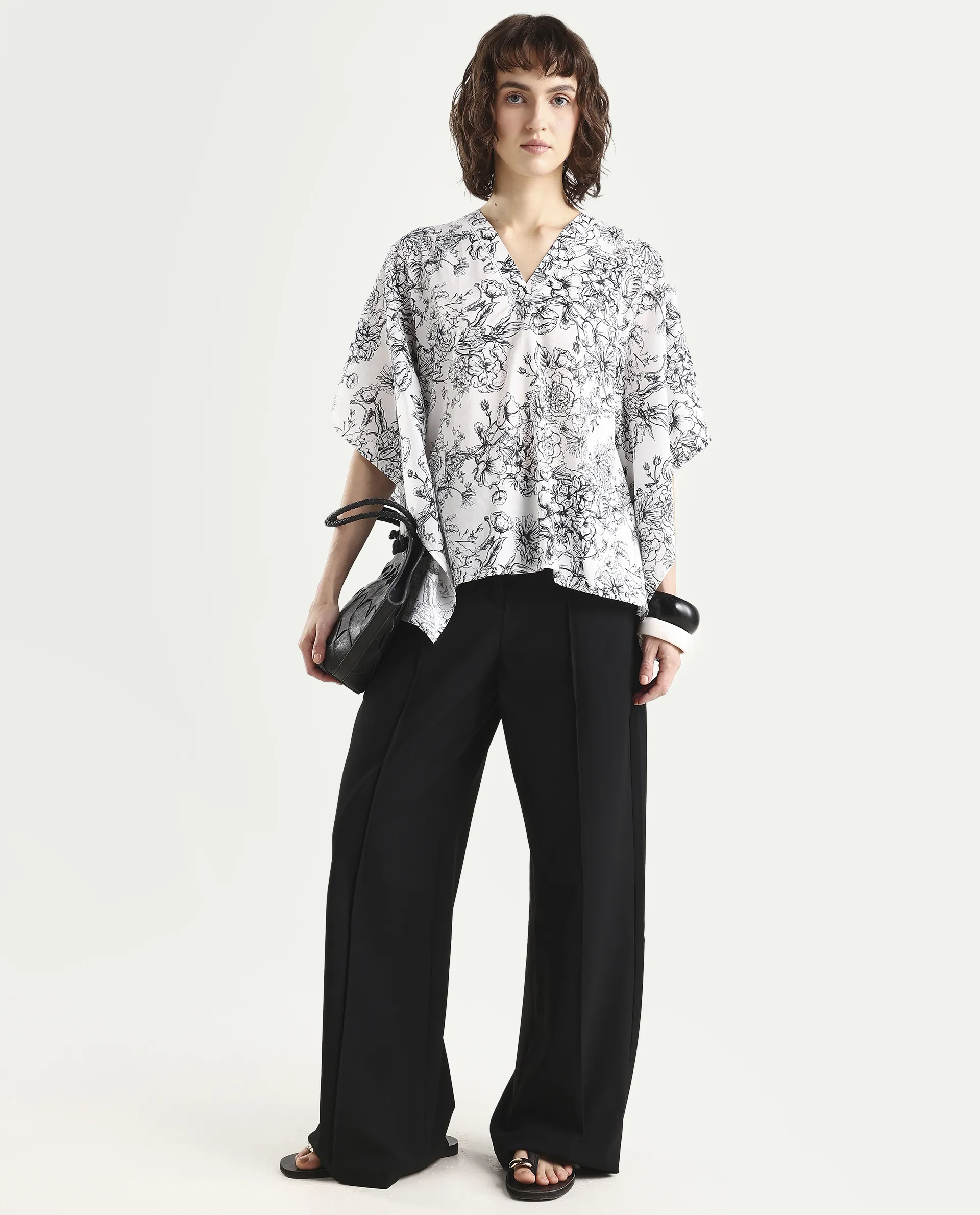 Rareism Women's Vasil White Cotton Half Sleeve V-Neck Regular Fit Floral Print Top - Image 2
