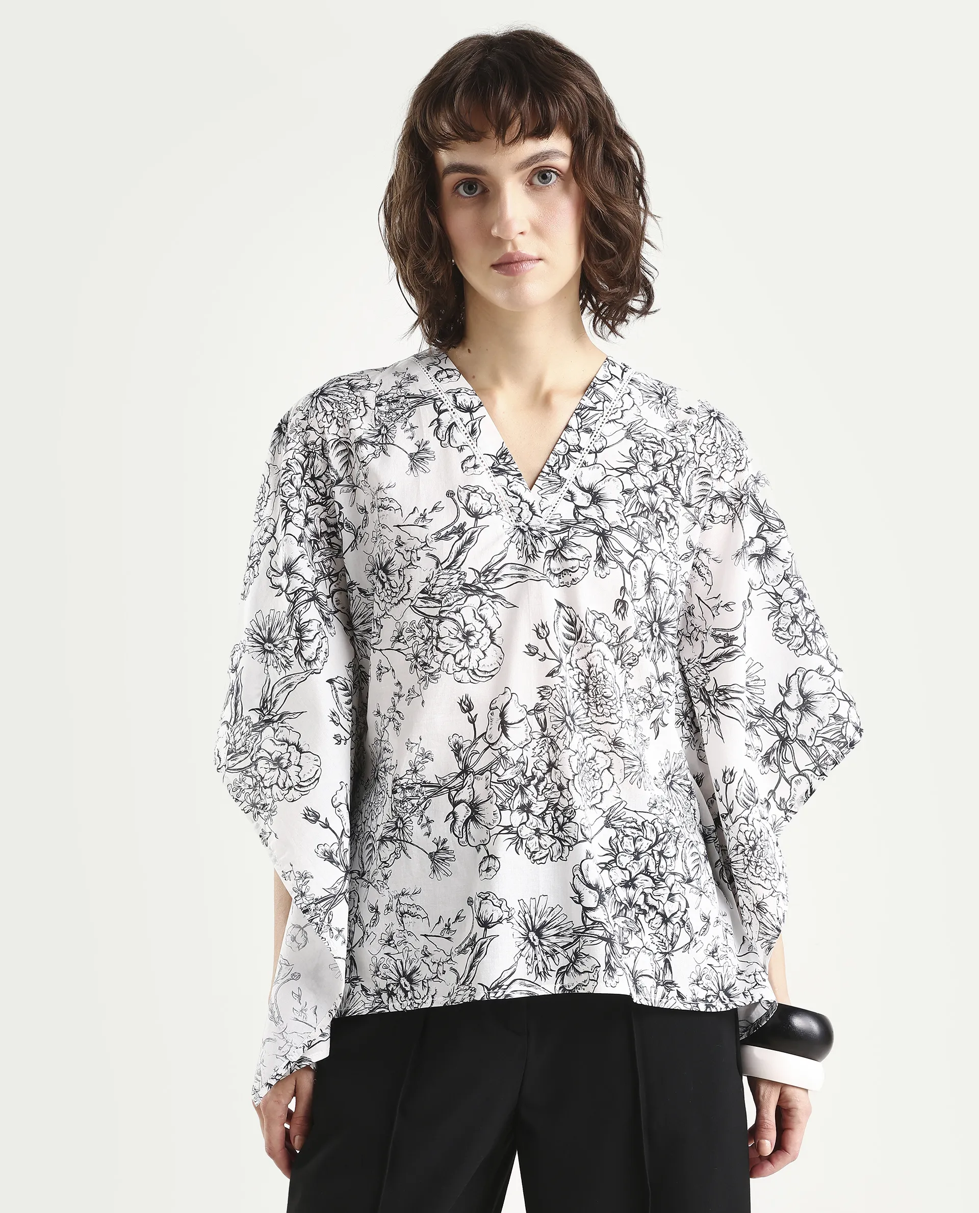 Rareism Women's Vasil White Cotton Half Sleeve V-Neck Regular Fit Floral Print Top - Image 3