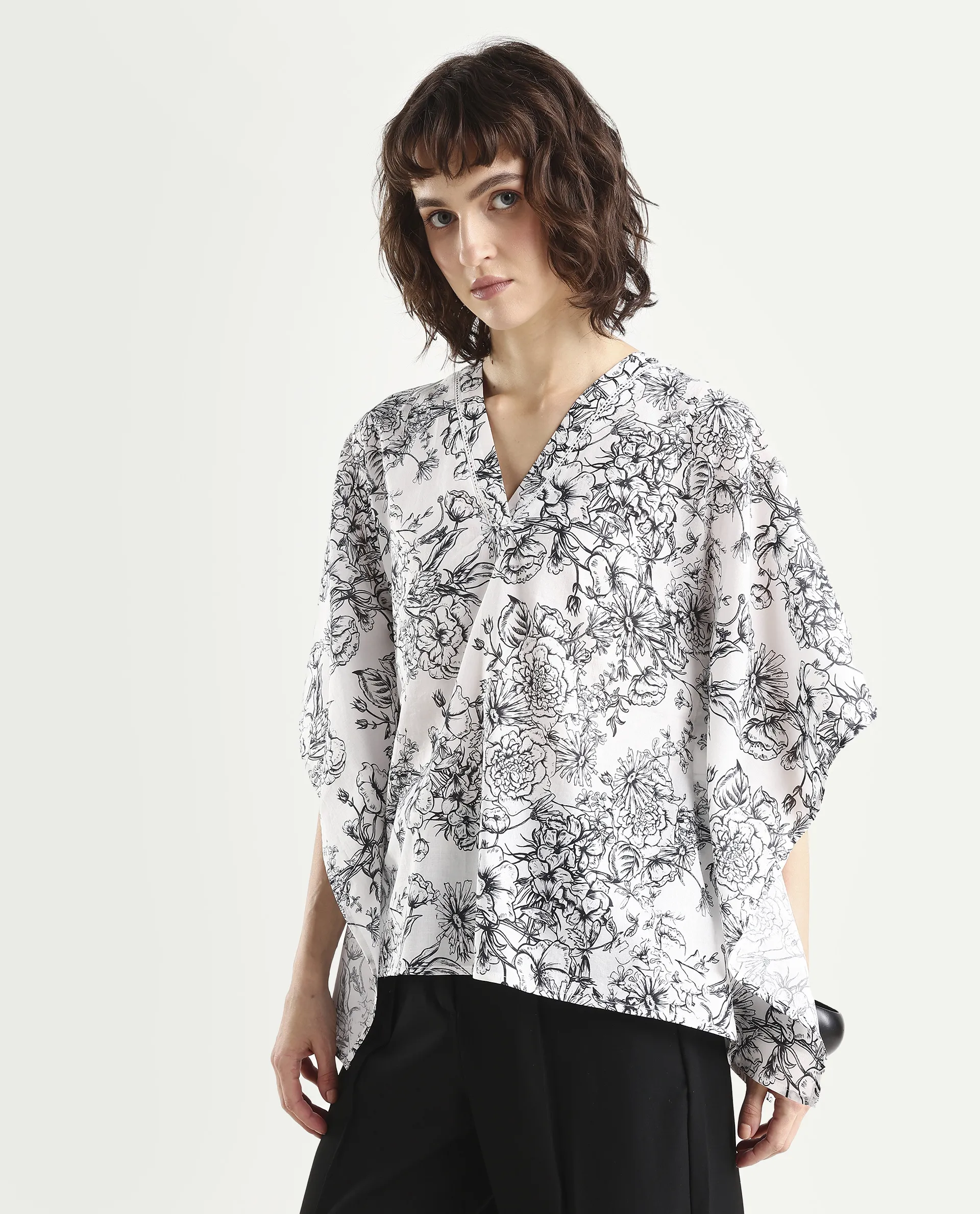 Rareism Women's Vasil White Cotton Half Sleeve V-Neck Regular Fit Floral Print Top - Image 5