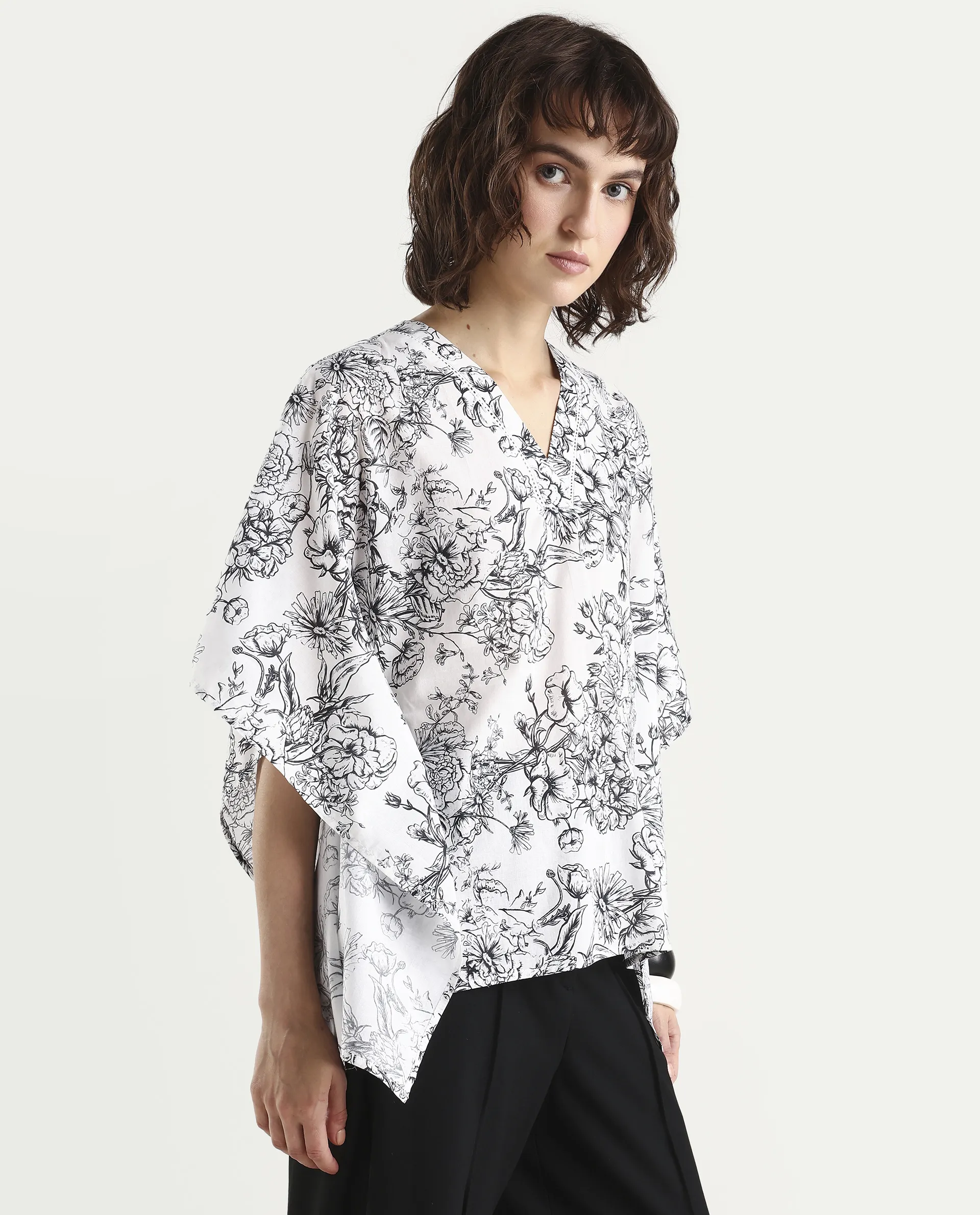 Rareism Women's Vasil White Cotton Half Sleeve V-Neck Regular Fit Floral Print Top - Image 6