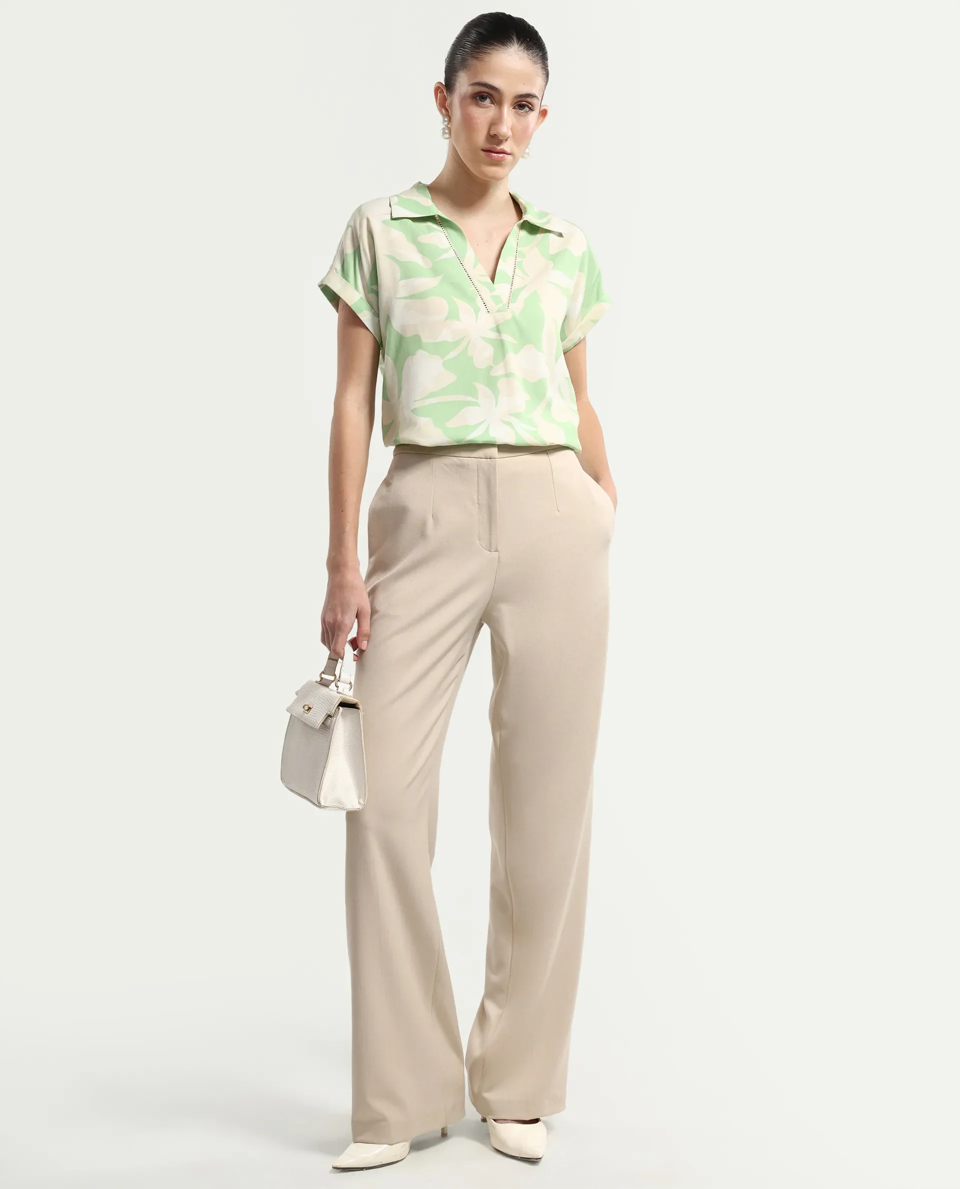 Rareism Women's Vasin-T Light Green Viscose Johnny Collar Boxy Abstract Print Top - Image 2