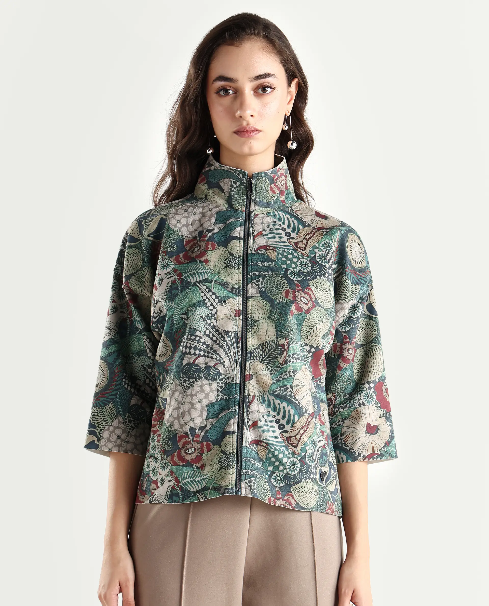 Rareism Women's Vaso Multi Suede Stand Collar Abstract Print Boxy Fit Jacket - Image 3