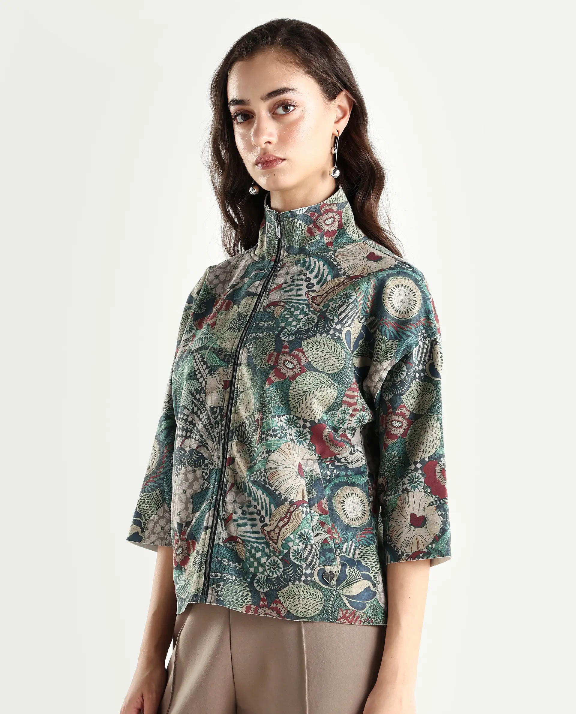 Rareism Women's Vaso Multi Suede Stand Collar Abstract Print Boxy Fit Jacket - Image 5