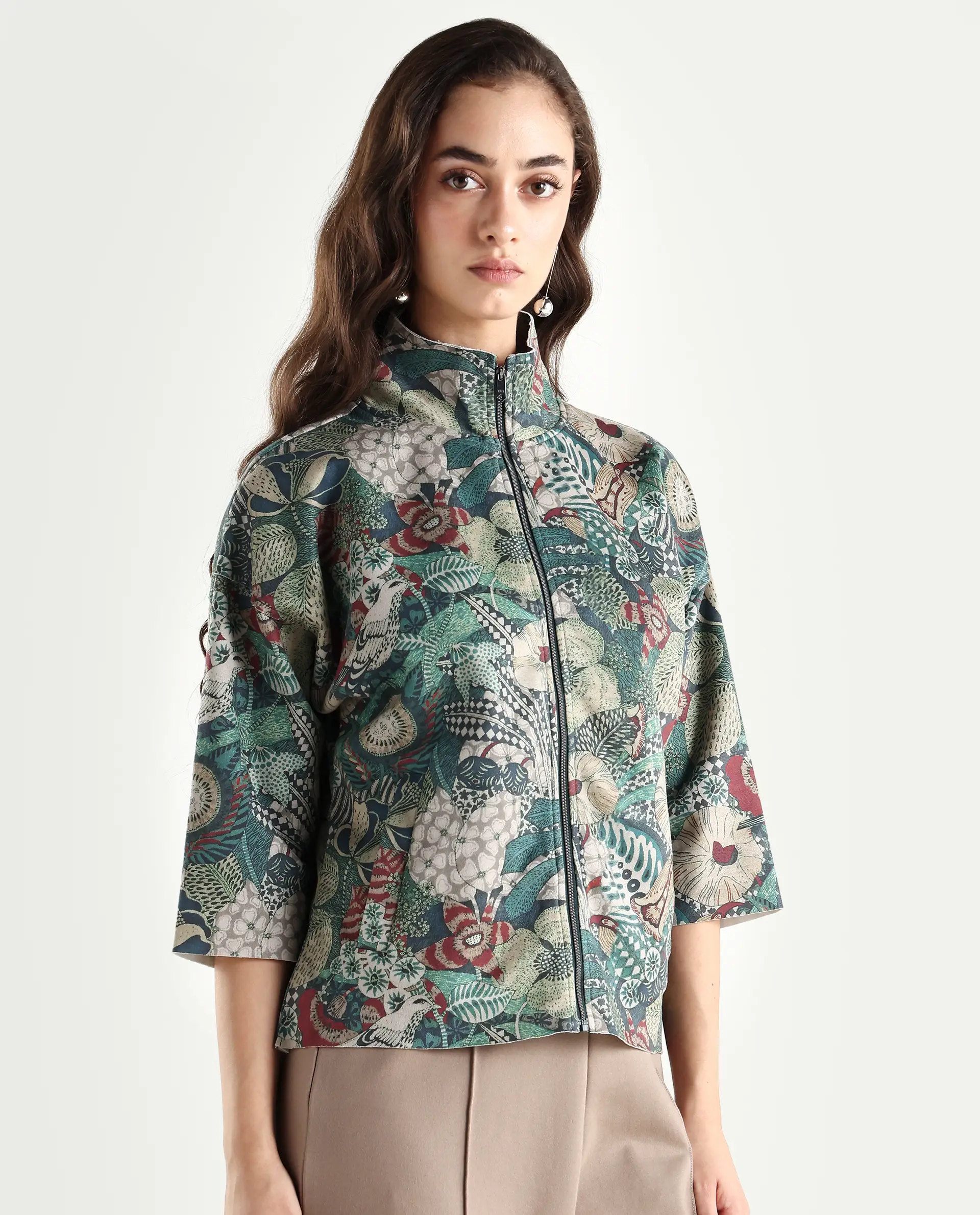 Rareism Women's Vaso Multi Suede Stand Collar Abstract Print Boxy Fit Jacket - Image 6