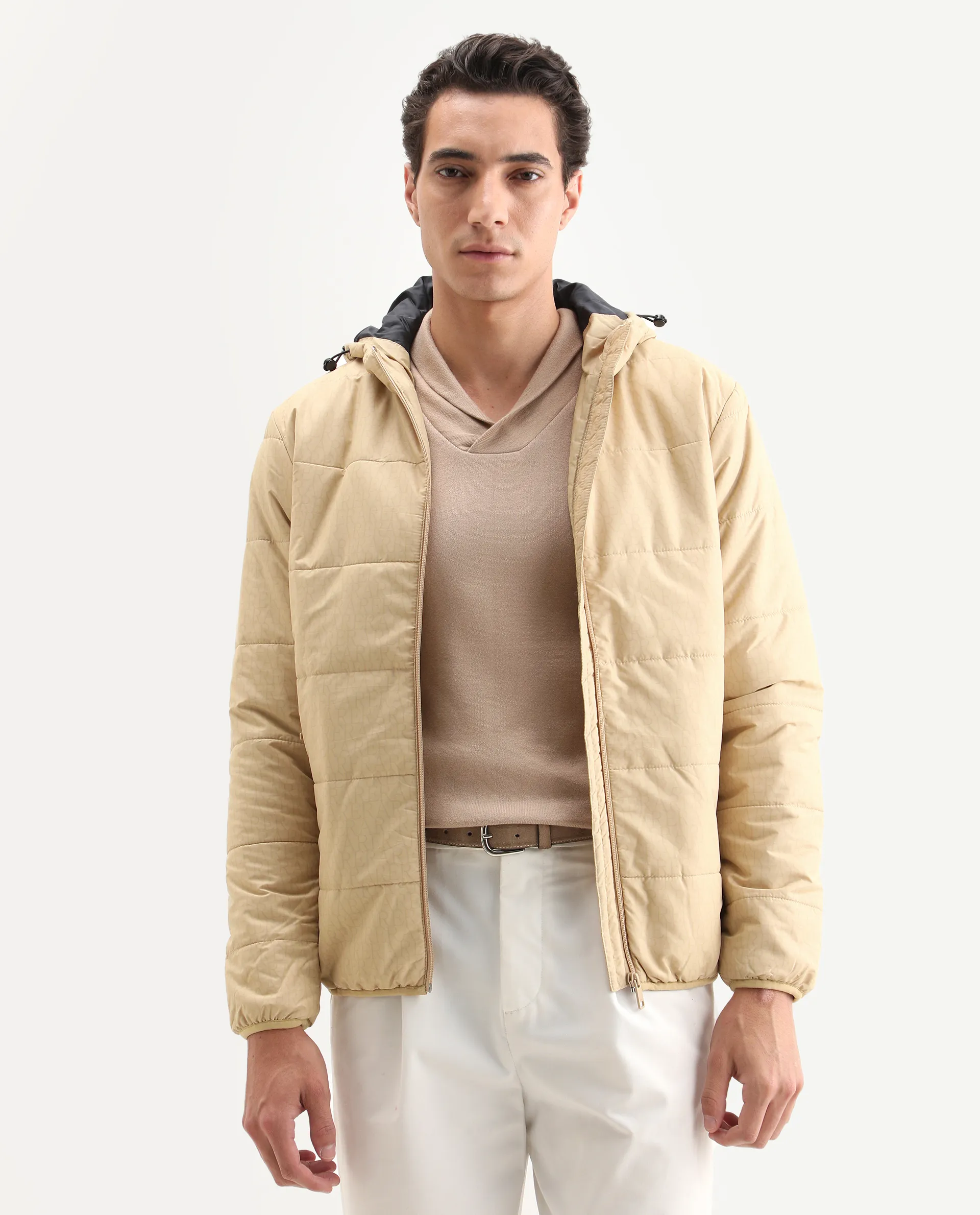 Rare Rabbit Men's Vasto Beige Polyester Monogram Print Regular Fit Full Sleeve Hooded Jacket - Image 3