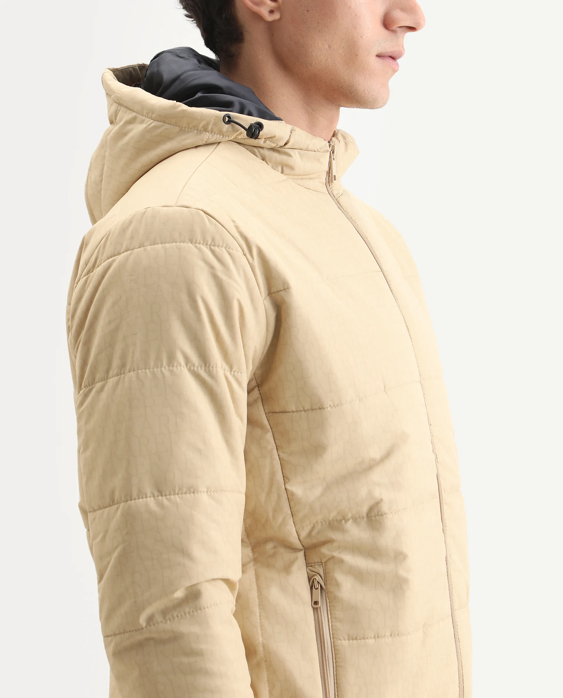 Rare Rabbit Men's Vasto Beige Polyester Monogram Print Regular Fit Full Sleeve Hooded Jacket - Image 4