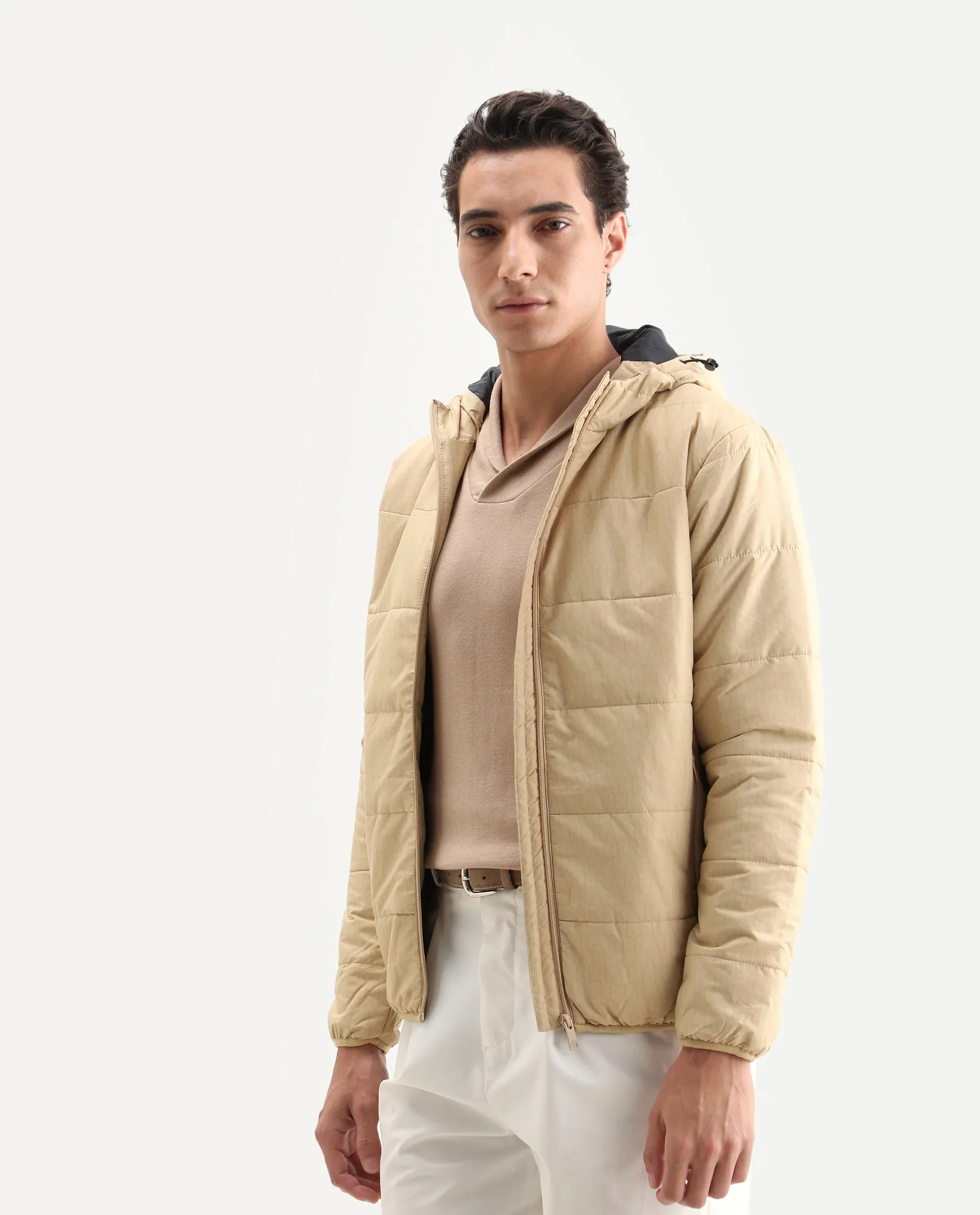 Rare Rabbit Men's Vasto Beige Polyester Monogram Print Regular Fit Full Sleeve Hooded Jacket - Image 5