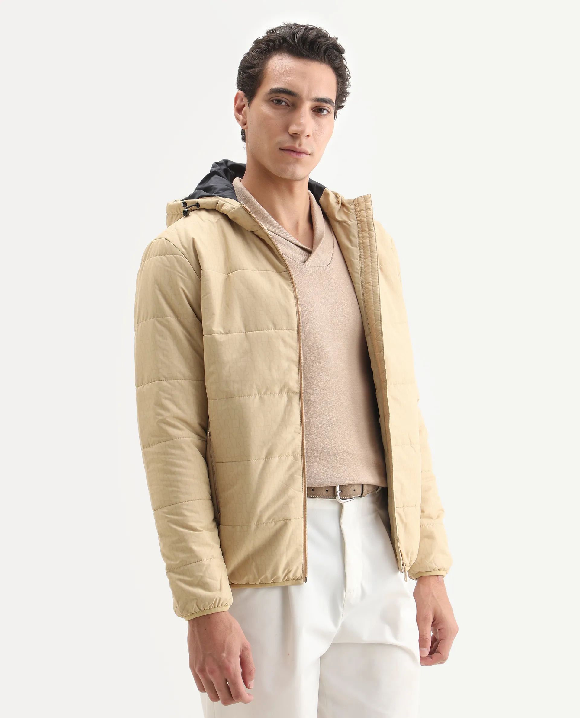 Rare Rabbit Men's Vasto Beige Polyester Monogram Print Regular Fit Full Sleeve Hooded Jacket - Image 6