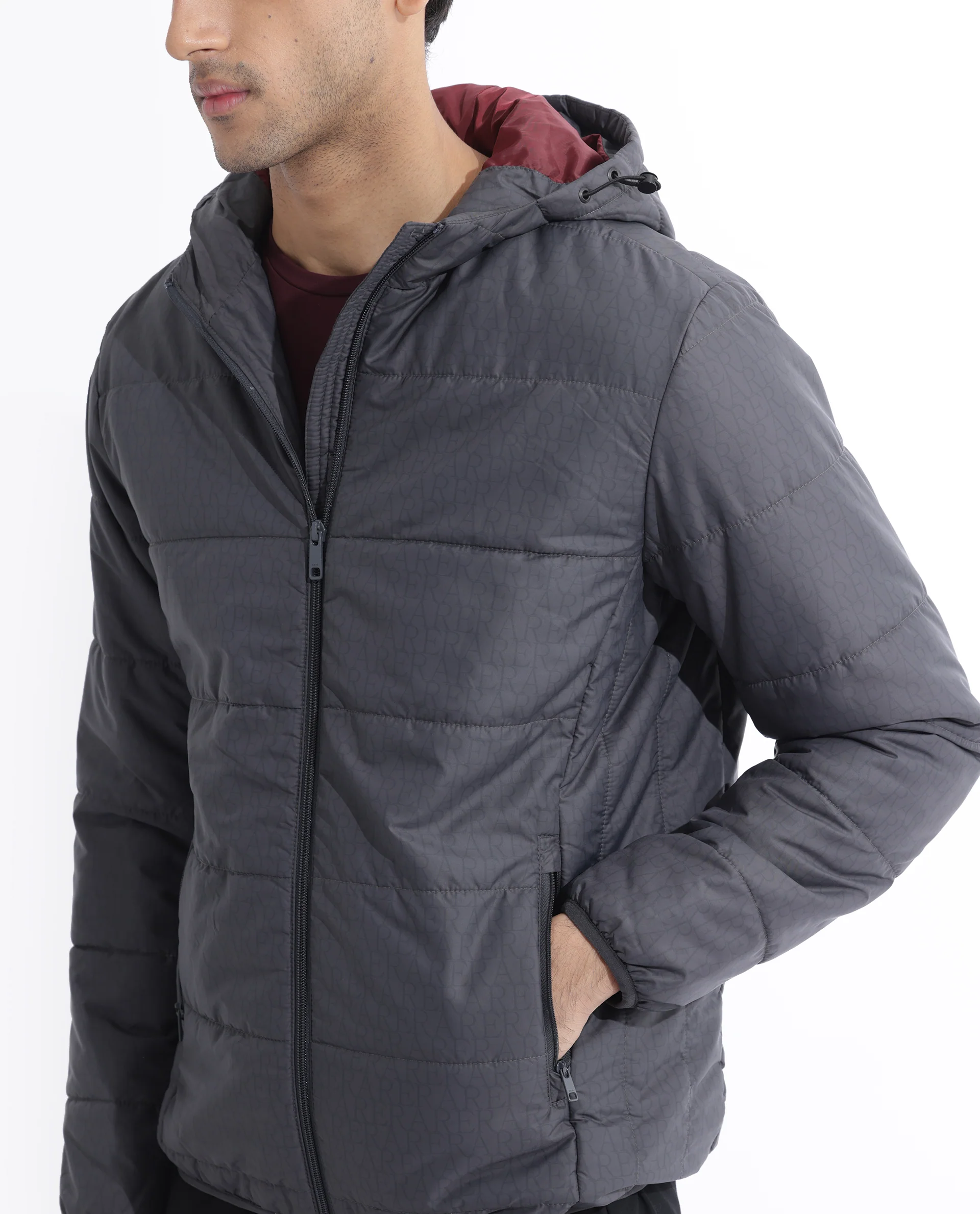 Rare Rabbit Men's Vasto Dark Grey Polyester Monogram Print Regular Fit Full Sleeve Hooded Jacket - Image 2