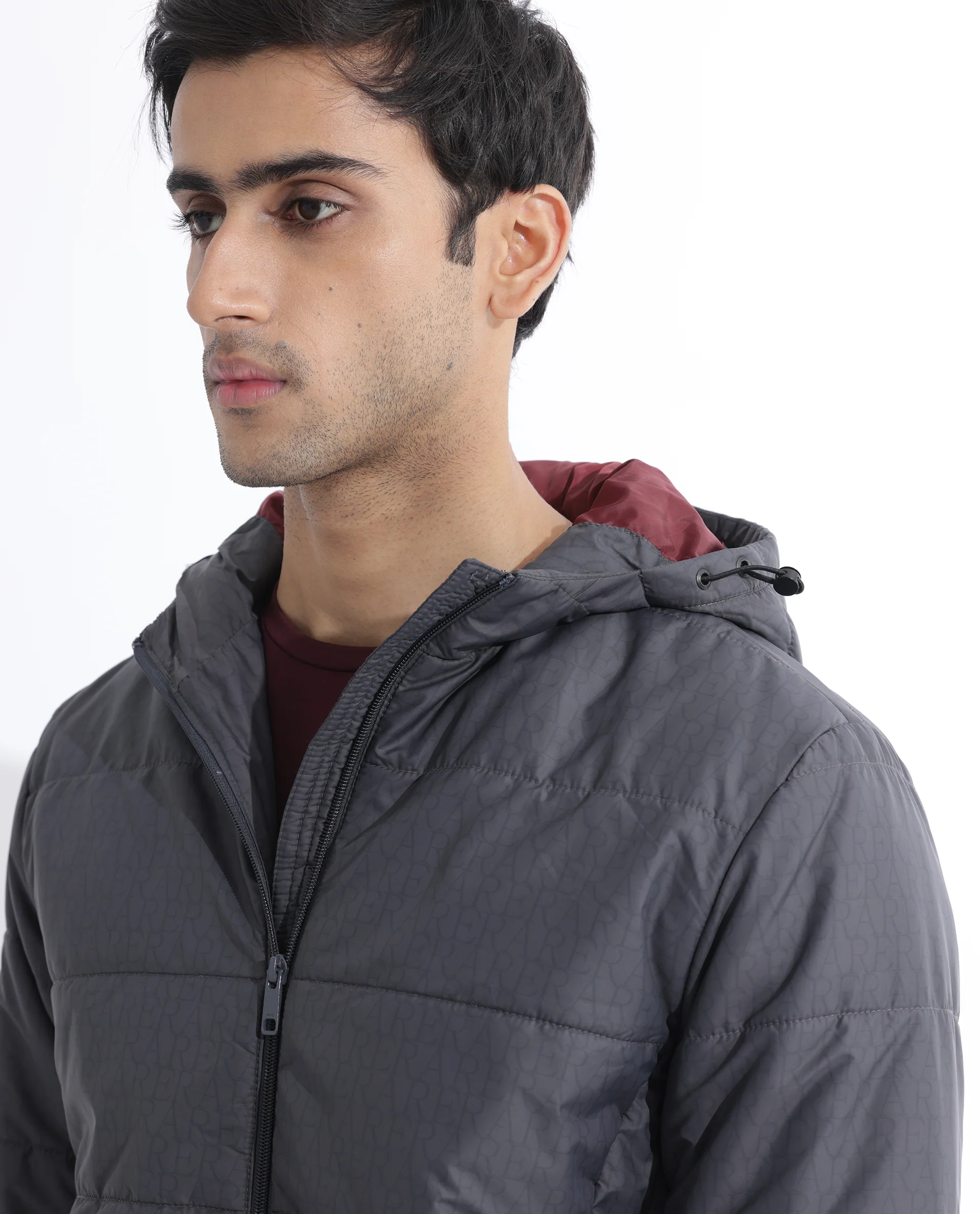 Rare Rabbit Men's Vasto Dark Grey Polyester Monogram Print Regular Fit Full Sleeve Hooded Jacket - Image 3