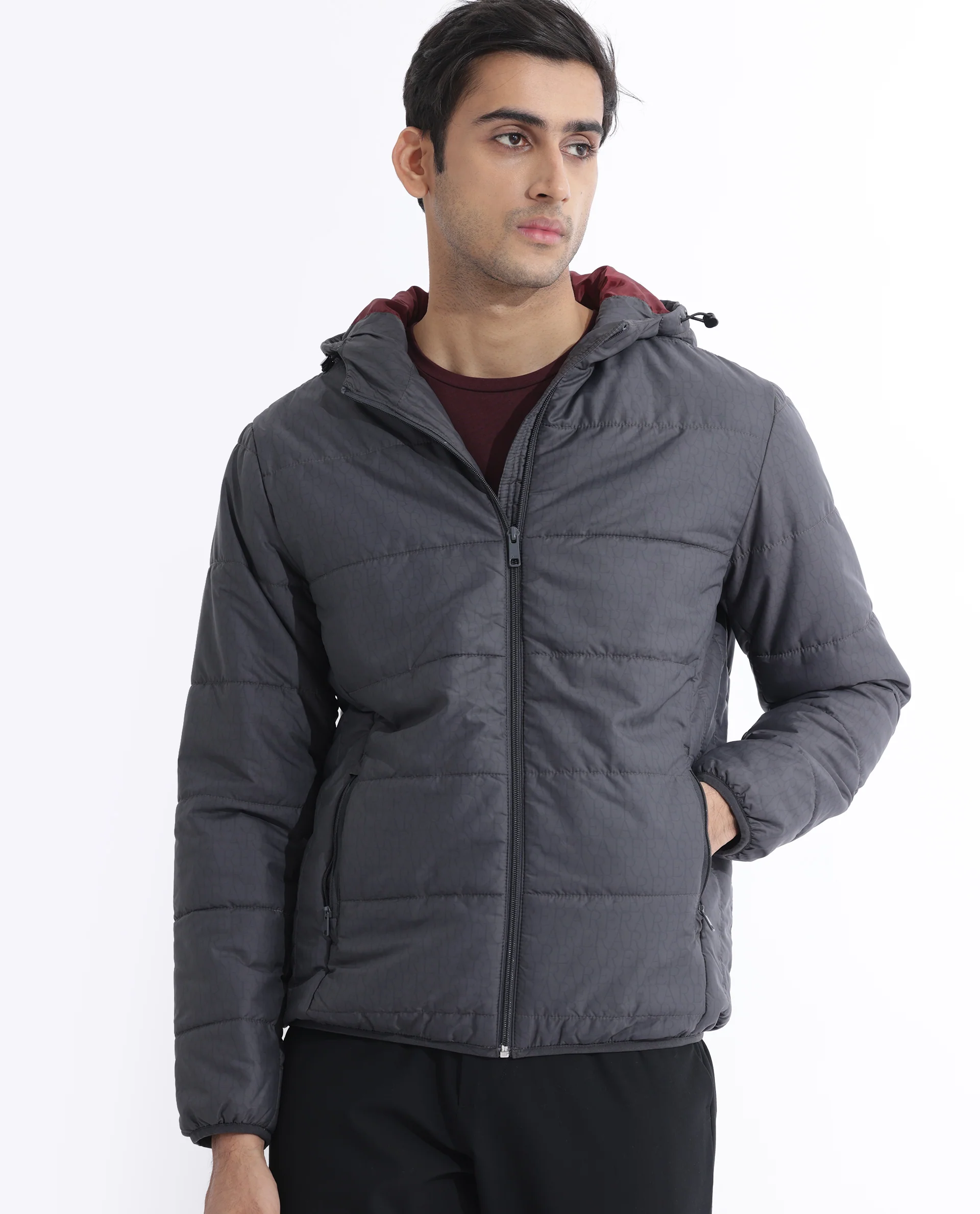 Rare Rabbit Men's Vasto Dark Grey Polyester Monogram Print Regular Fit Full Sleeve Hooded Jacket - Image 4