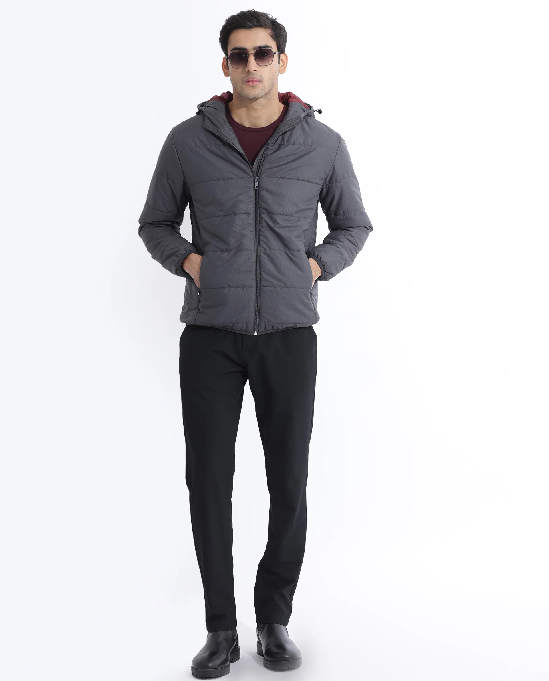Rare Rabbit Men's Vasto Dark Grey Polyester Monogram Print Regular Fit Full Sleeve Hooded Jacket - Image 5