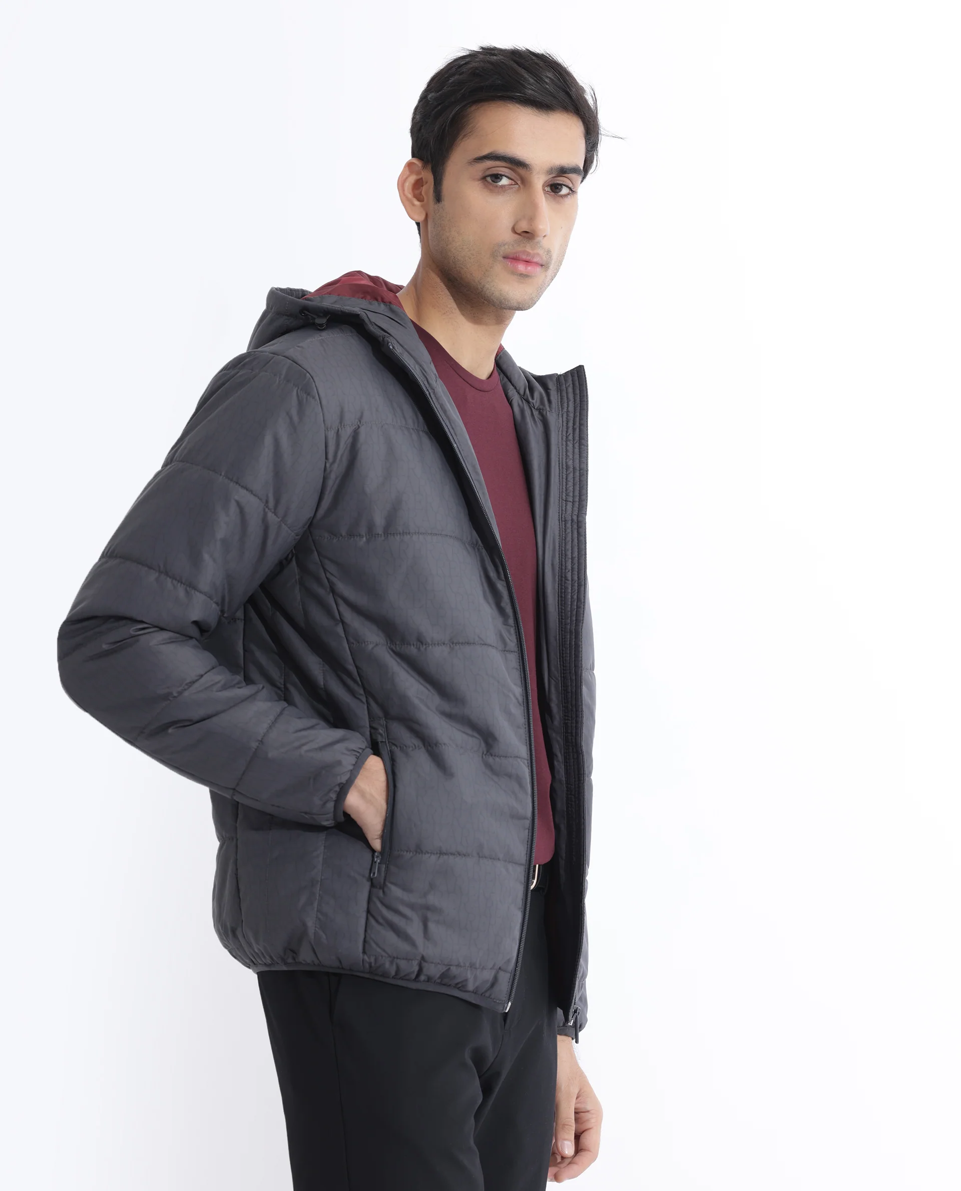Rare Rabbit Men's Vasto Dark Grey Polyester Monogram Print Regular Fit Full Sleeve Hooded Jacket - Image 7