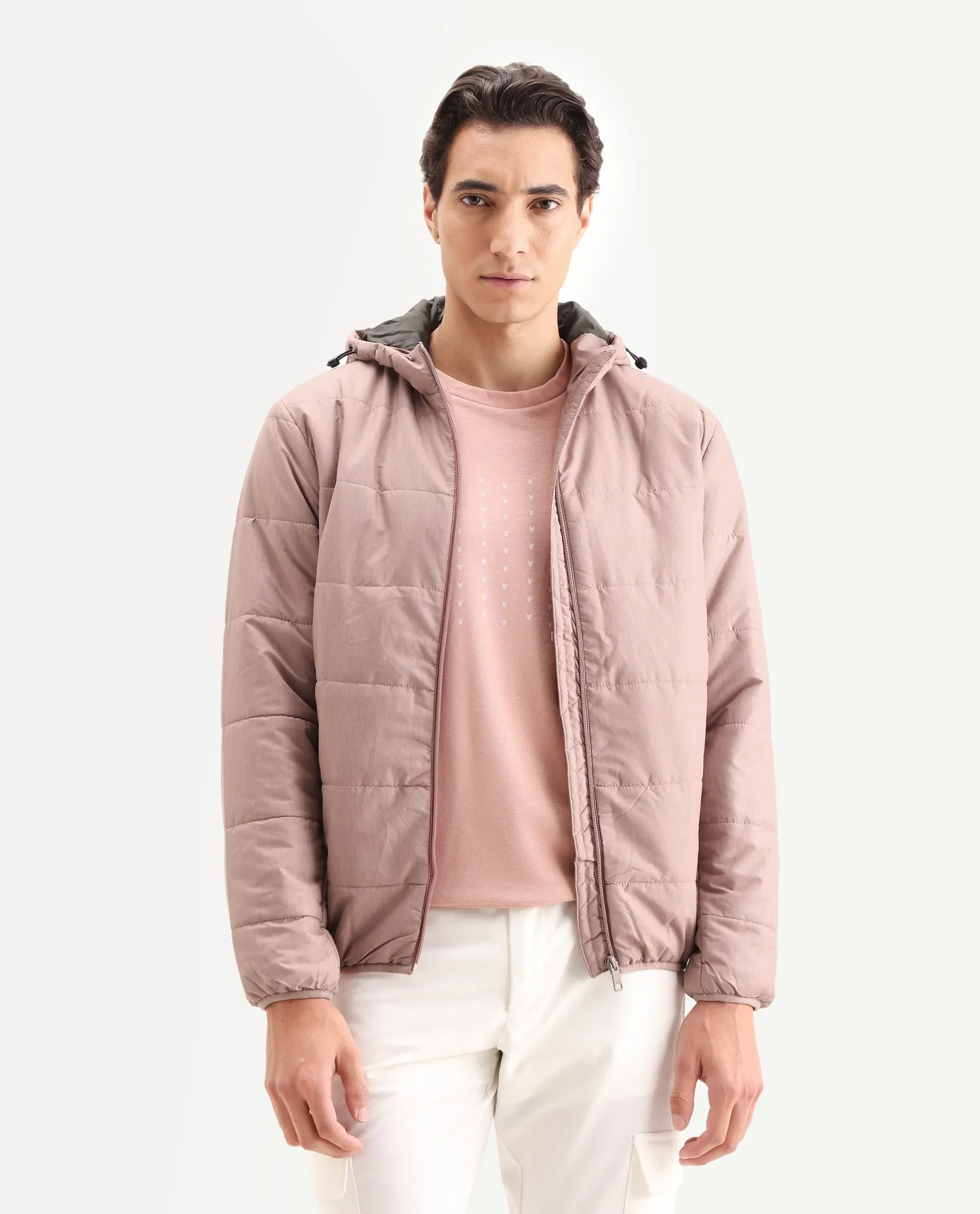 Rare Rabbit Men's Vasto Dusky Pink Polyester Monogram Print Regular Fit Full Sleeve Hooded Jacket - Image 4