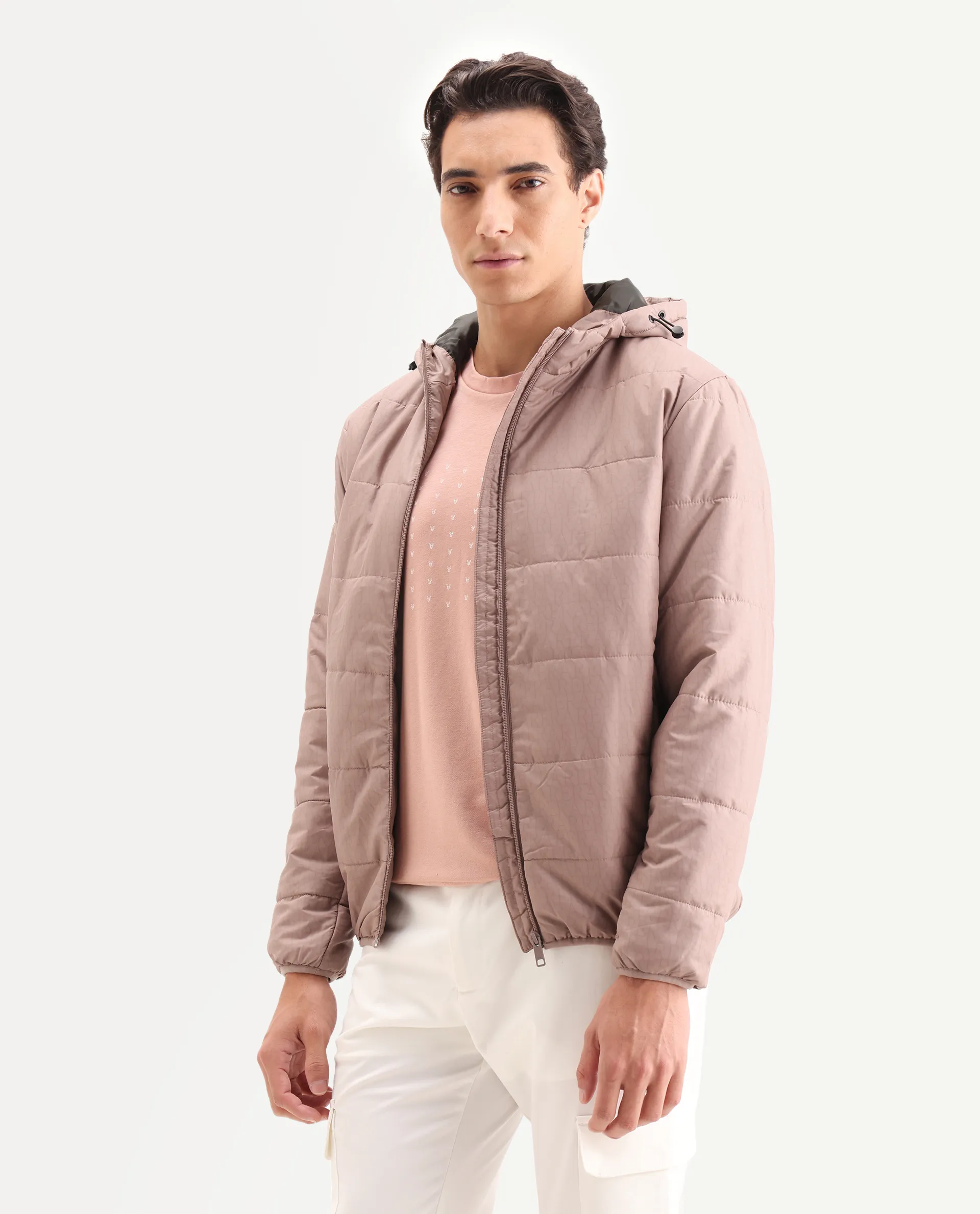 Rare Rabbit Men's Vasto Dusky Pink Polyester Monogram Print Regular Fit Full Sleeve Hooded Jacket - Image 5