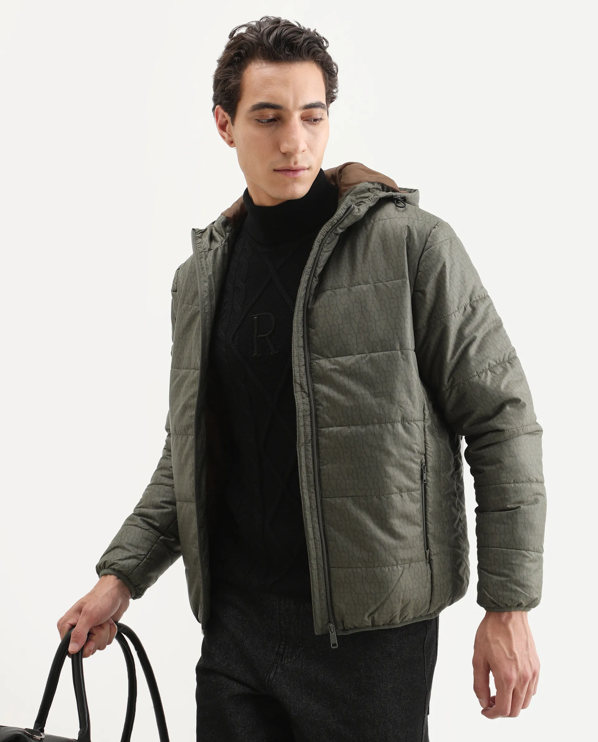 Rare Rabbit Men's Vasto Olive Polyester Monogram Print Regular Fit Full Sleeve Hooded Jacket