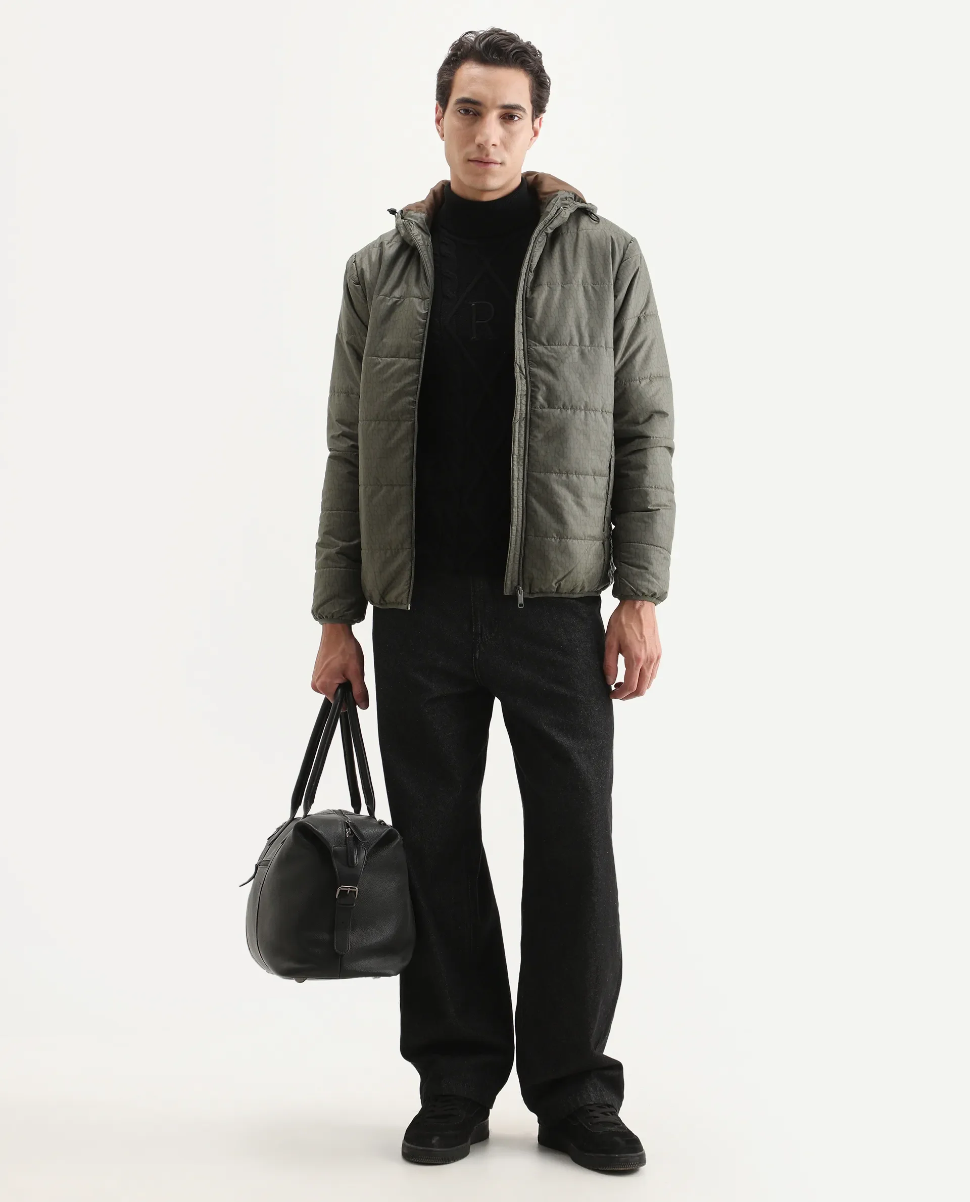 Rare Rabbit Men's Vasto Olive Polyester Monogram Print Regular Fit Full Sleeve Hooded Jacket - Image 2