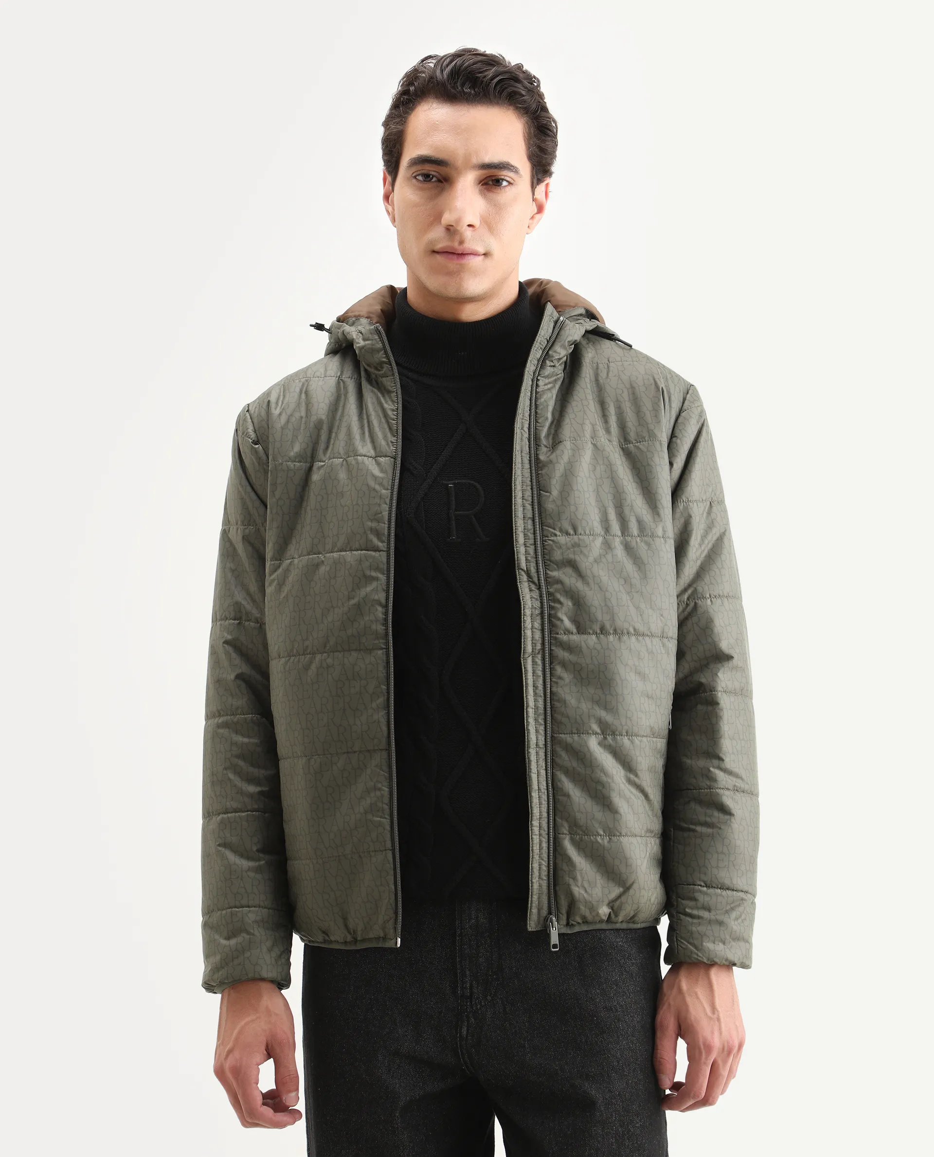 Rare Rabbit Men's Vasto Olive Polyester Monogram Print Regular Fit Full Sleeve Hooded Jacket - Image 3