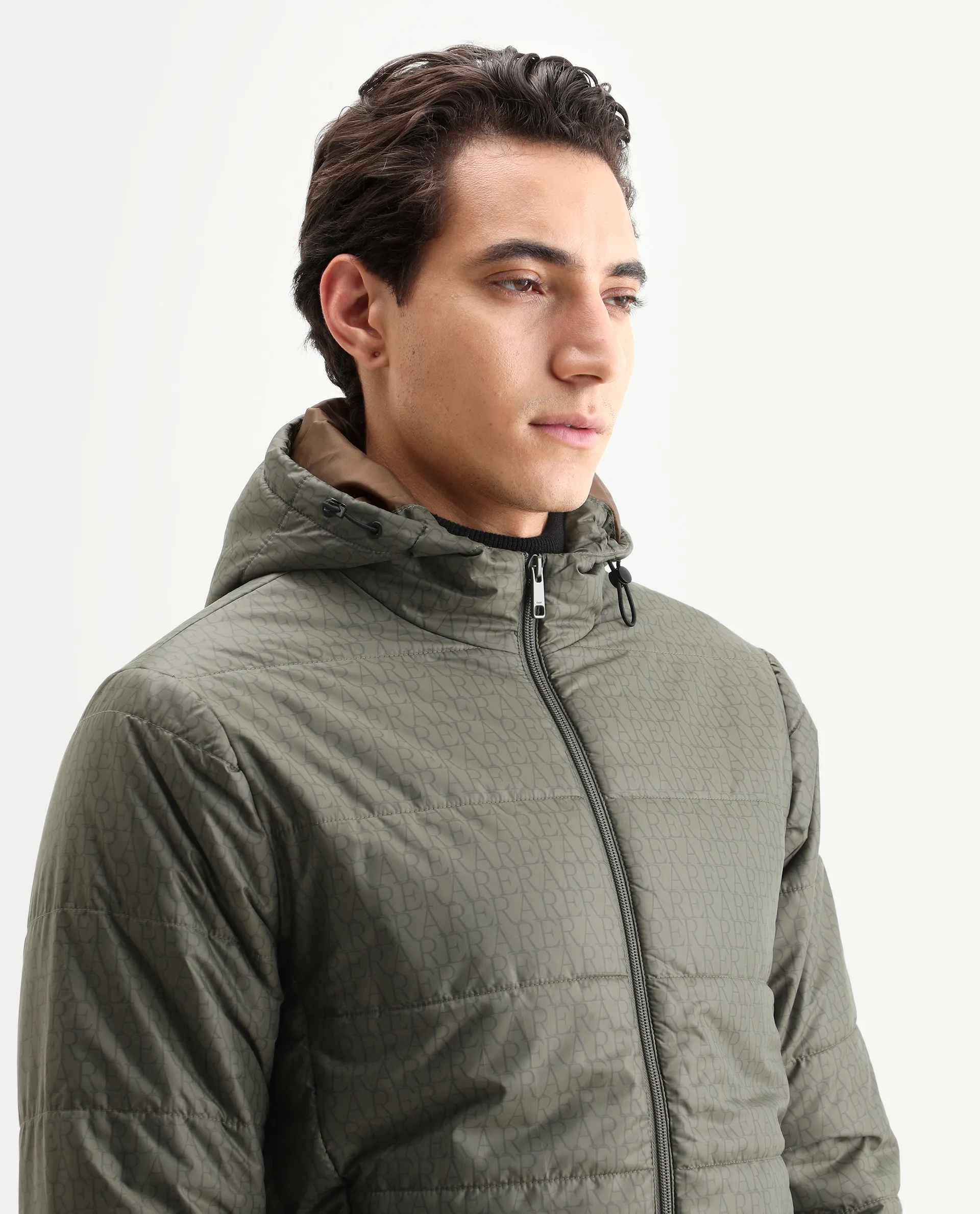 Rare Rabbit Men's Vasto Olive Polyester Monogram Print Regular Fit Full Sleeve Hooded Jacket - Image 4