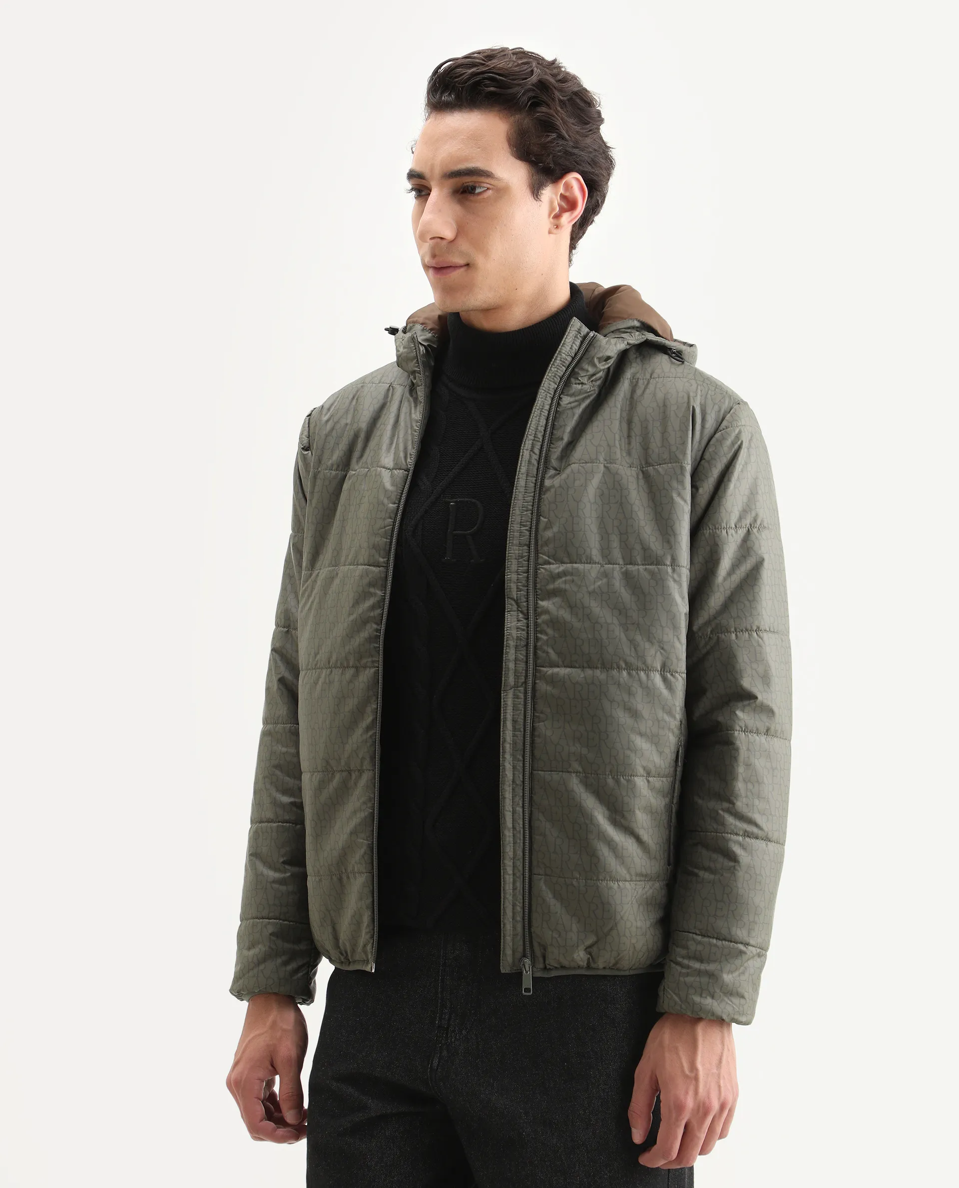 Rare Rabbit Men's Vasto Olive Polyester Monogram Print Regular Fit Full Sleeve Hooded Jacket - Image 5