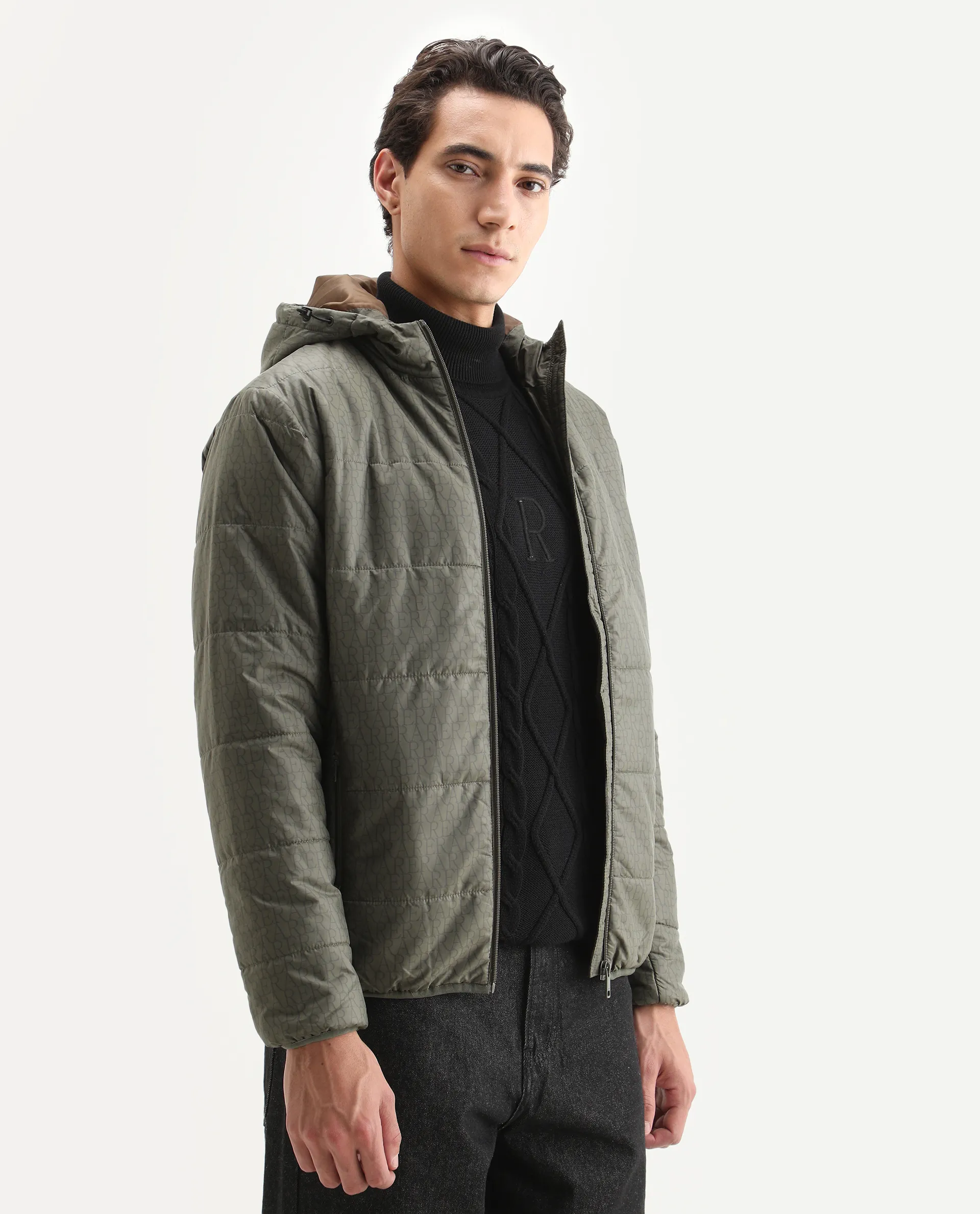 Rare Rabbit Men's Vasto Olive Polyester Monogram Print Regular Fit Full Sleeve Hooded Jacket - Image 6