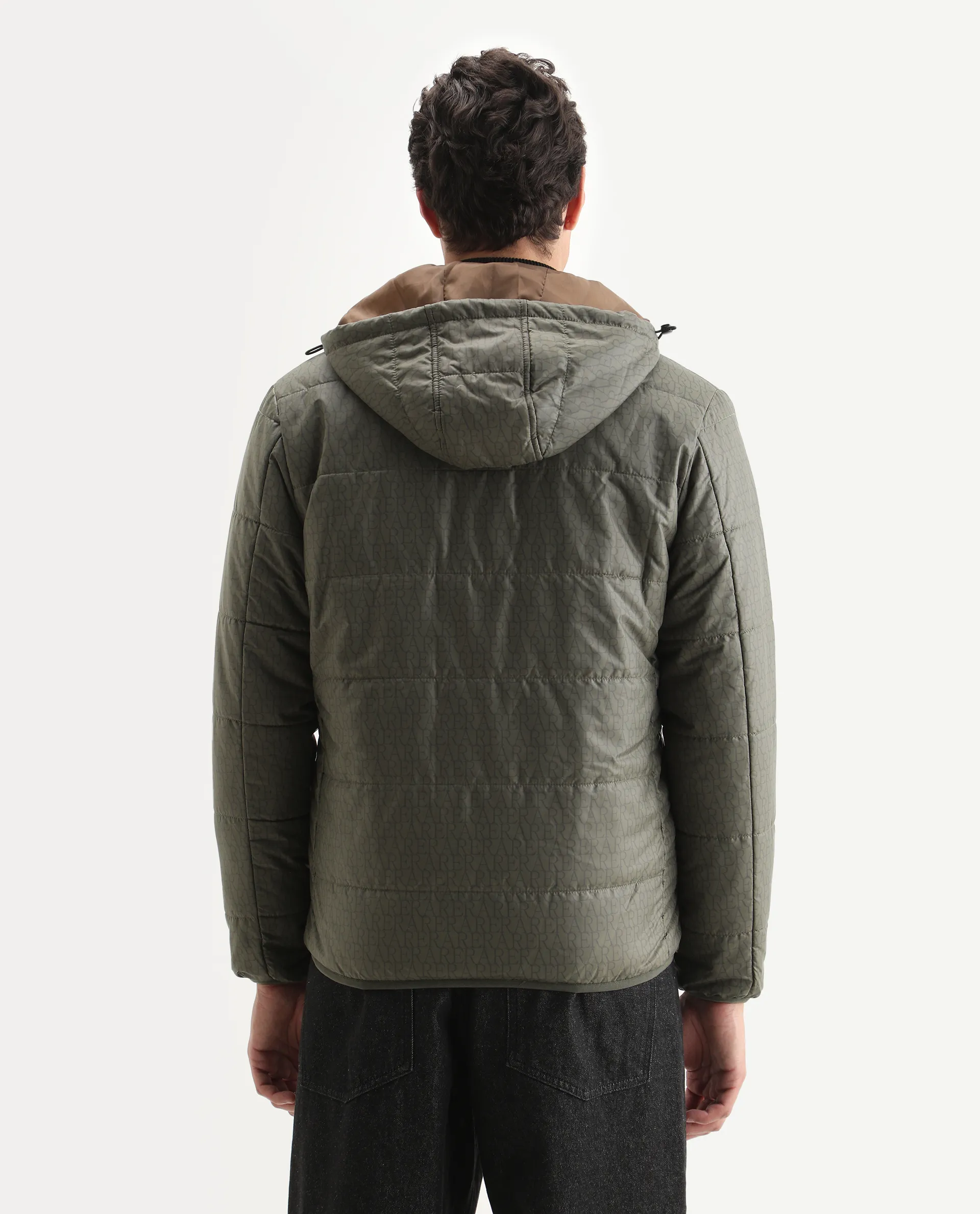 Rare Rabbit Men's Vasto Olive Polyester Monogram Print Regular Fit Full Sleeve Hooded Jacket - Image 7