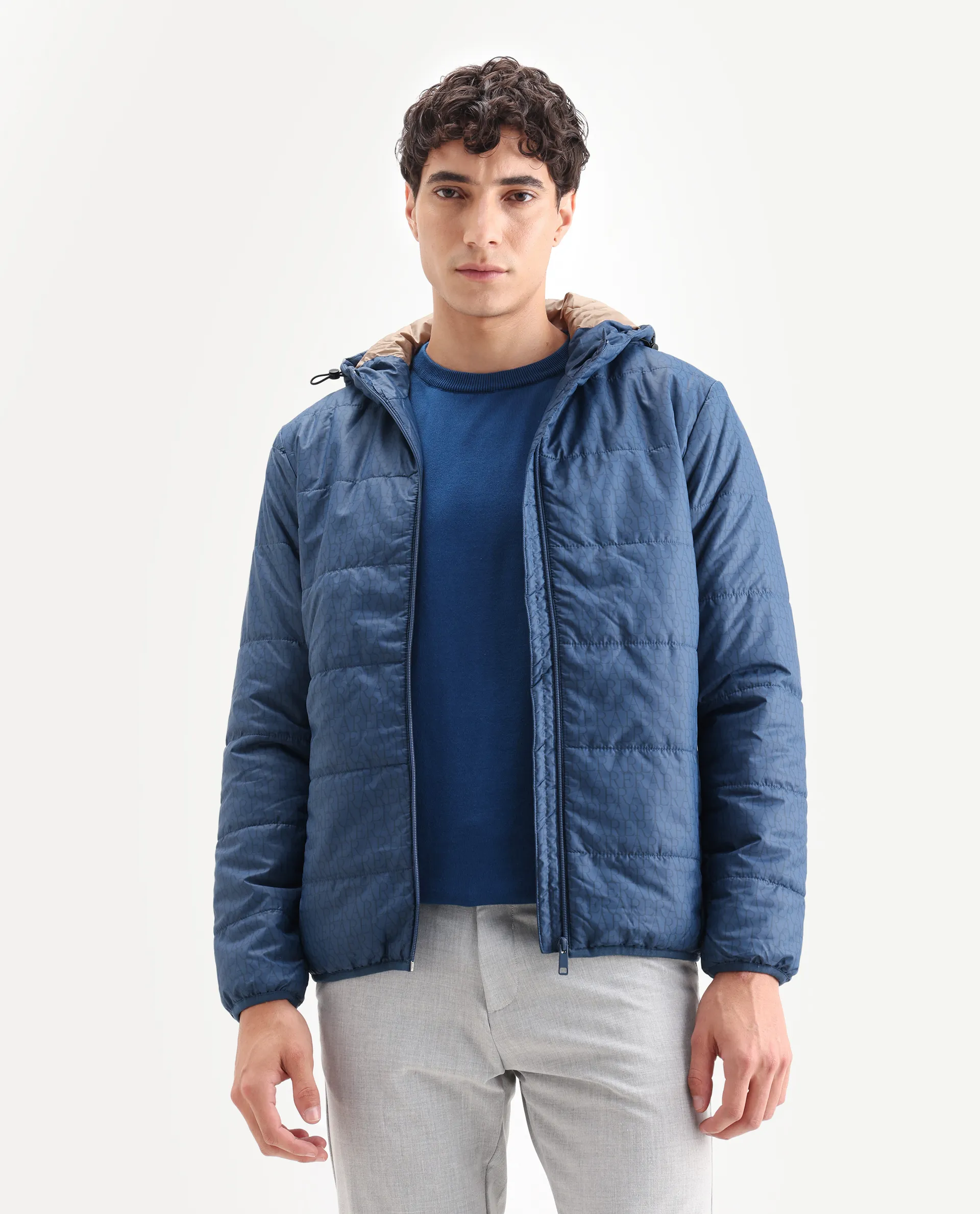 Rare Rabbit Men's Vasto Petrol Polyester Monogram Print Regular Fit Full Sleeve Hooded Jacket - Image 4
