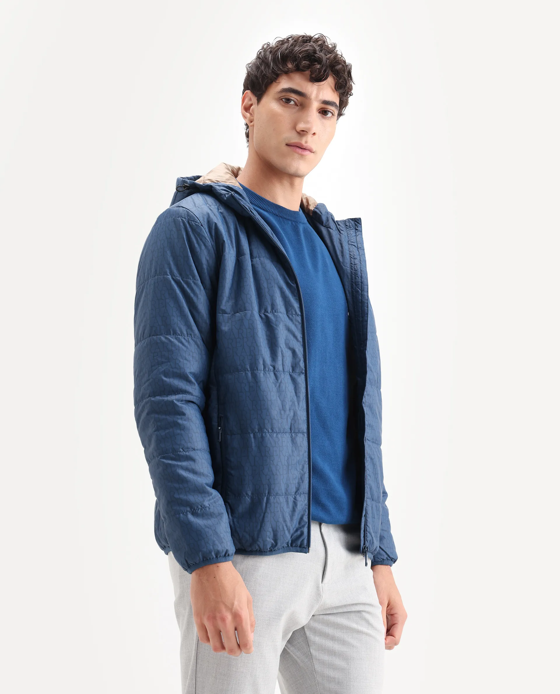 Rare Rabbit Men's Vasto Petrol Polyester Monogram Print Regular Fit Full Sleeve Hooded Jacket - Image 6