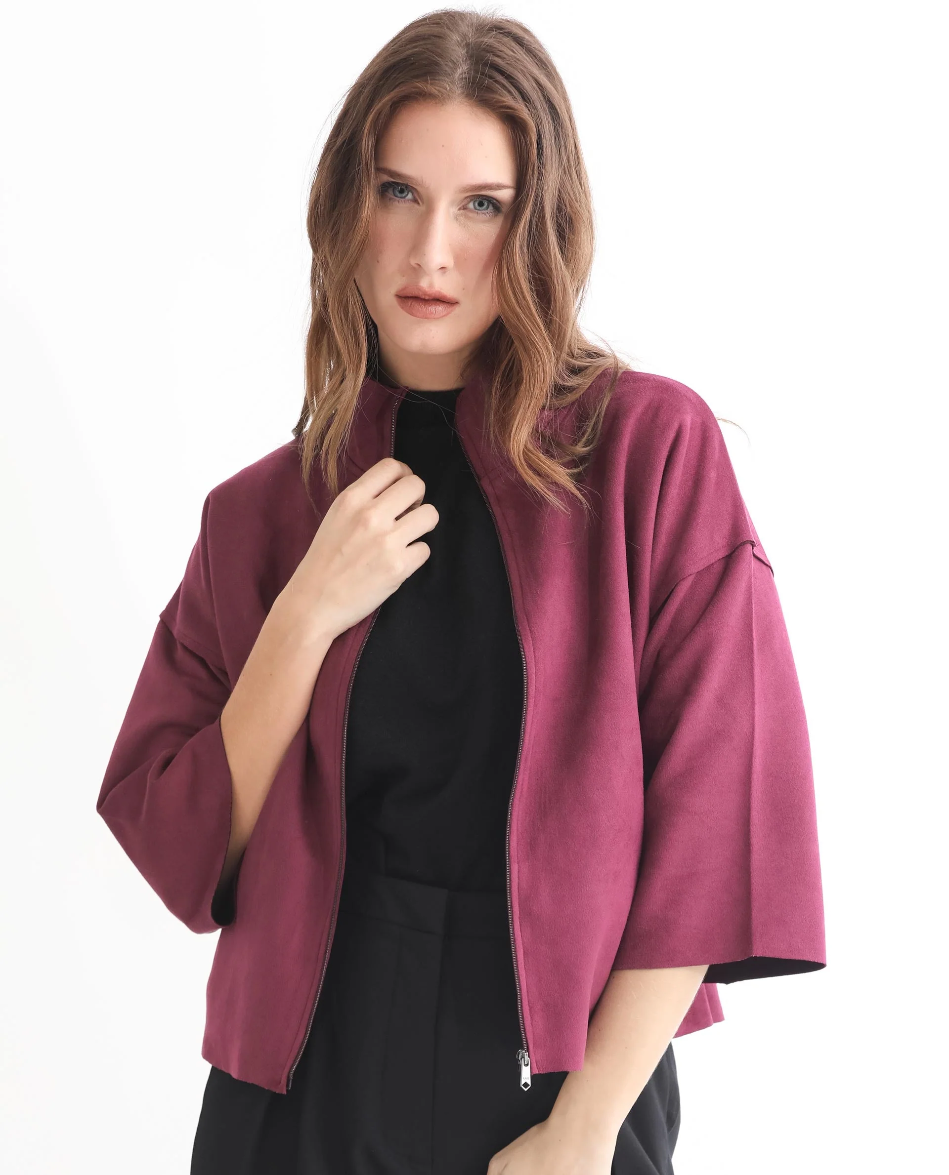 Rareism Women's Vasu 1 Pink Suede Mandarin Collar Plain Regular Fit Jacket