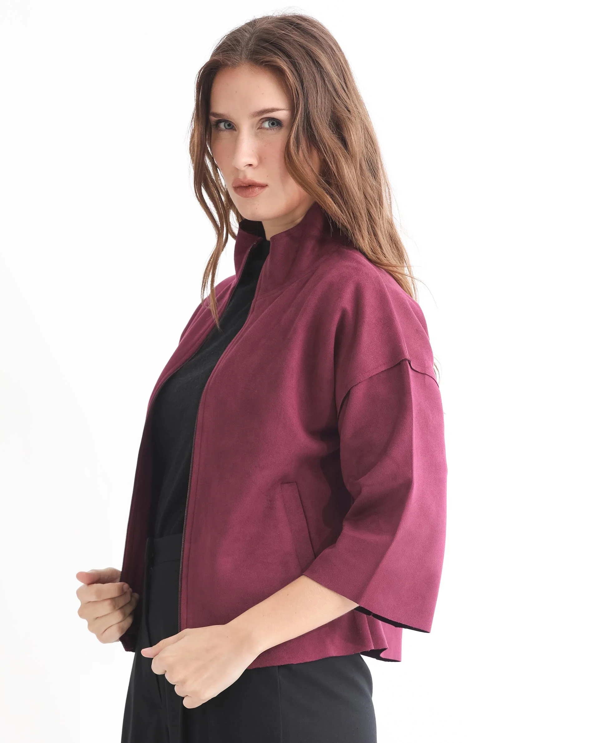 Rareism Women's Vasu 1 Pink Suede Mandarin Collar Plain Regular Fit Jacket - Image 11