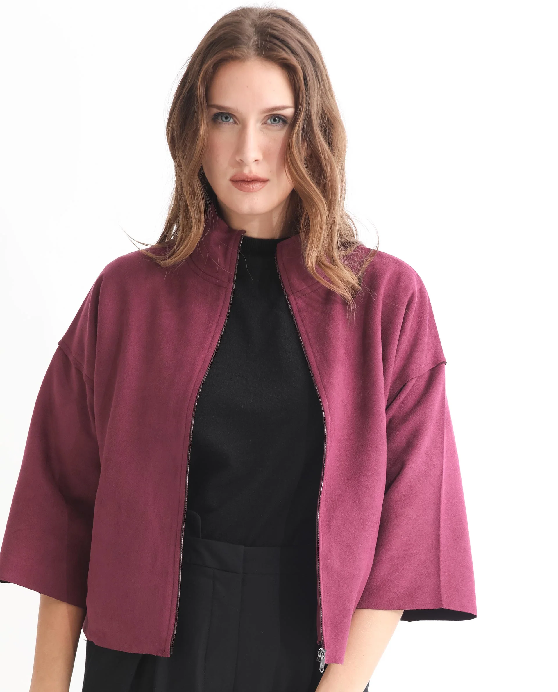 Rareism Women's Vasu 1 Pink Suede Mandarin Collar Plain Regular Fit Jacket - Image 13