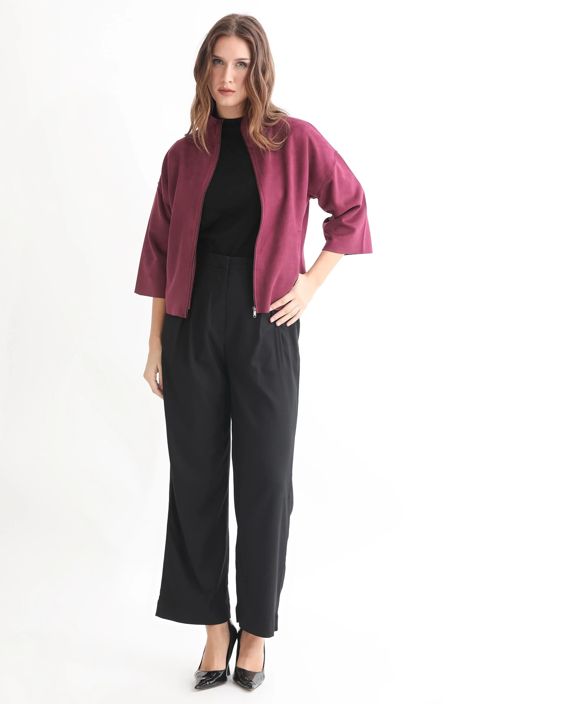 Rareism Women's Vasu 1 Pink Suede Mandarin Collar Plain Regular Fit Jacket - Image 3