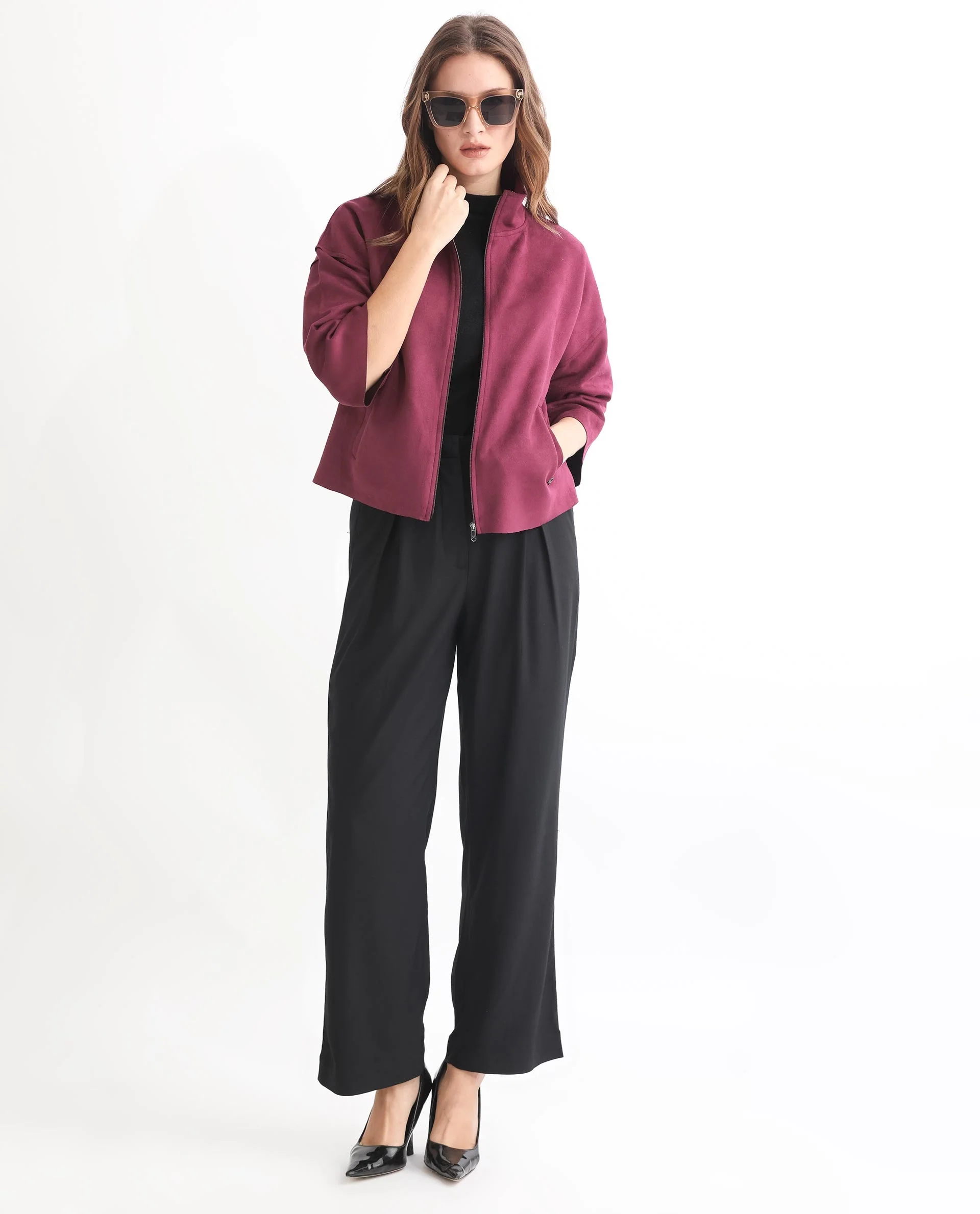 Rareism Women's Vasu 1 Pink Suede Mandarin Collar Plain Regular Fit Jacket - Image 4