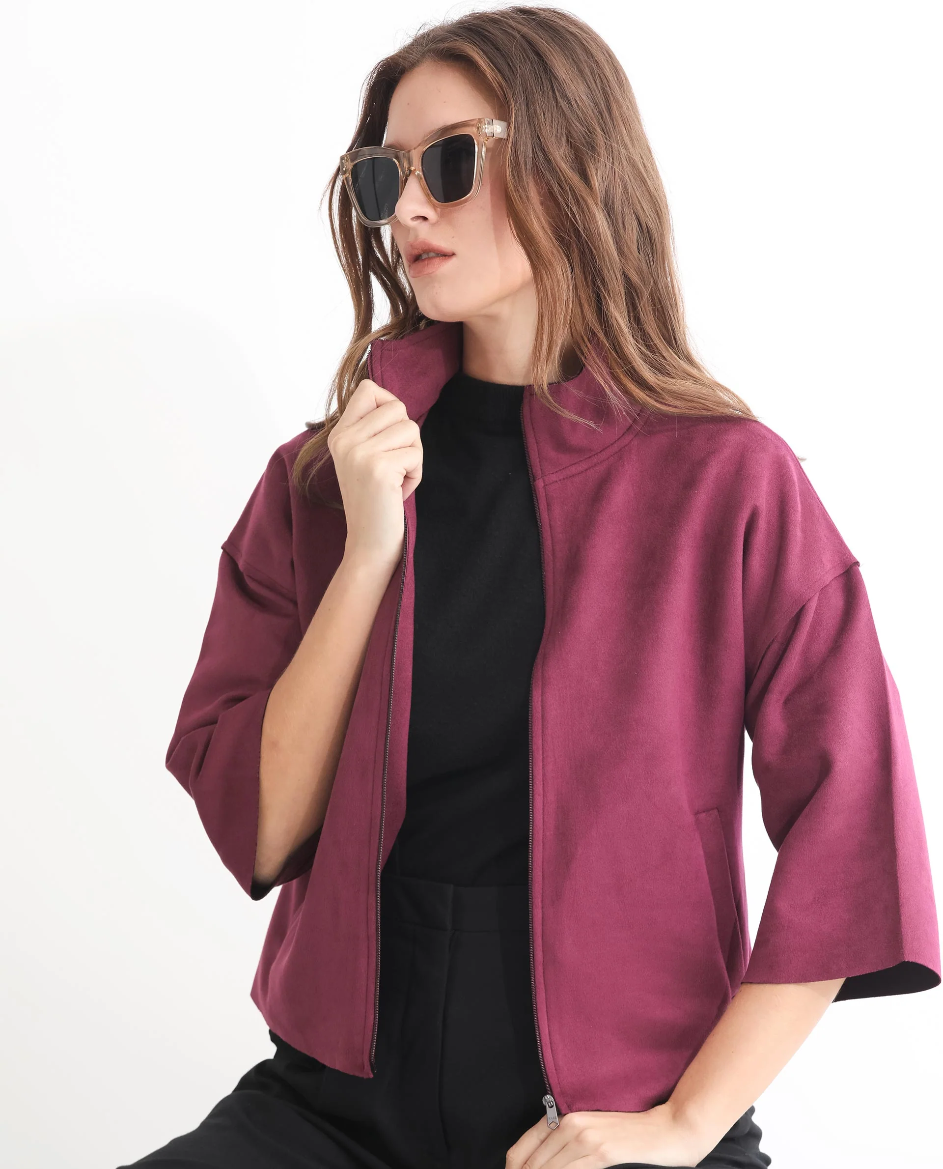 Rareism Women's Vasu 1 Pink Suede Mandarin Collar Plain Regular Fit Jacket - Image 6