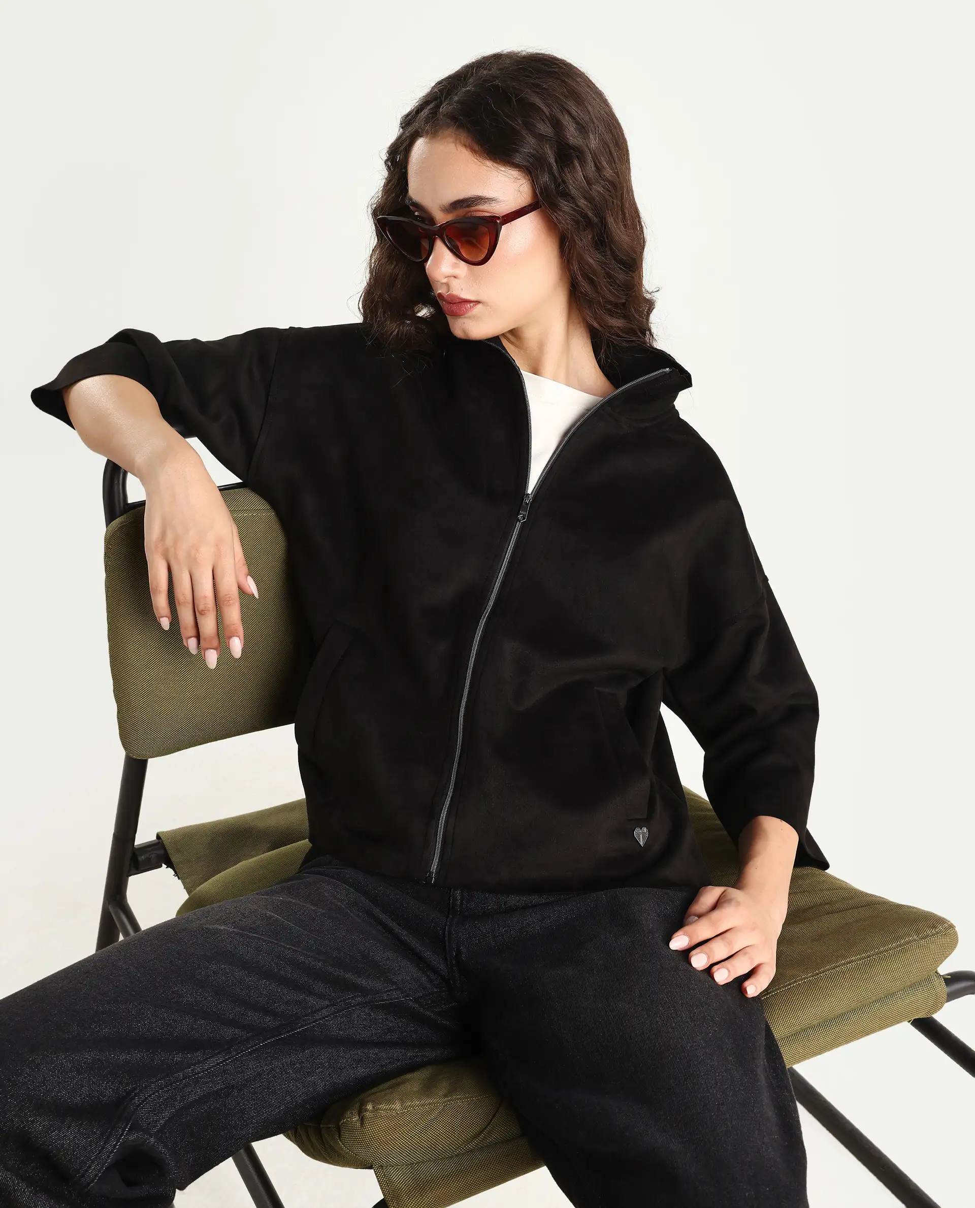 Rareism Women's Vasu 2 Black Suede Stand Collar Plain Boxy Fit Jacket