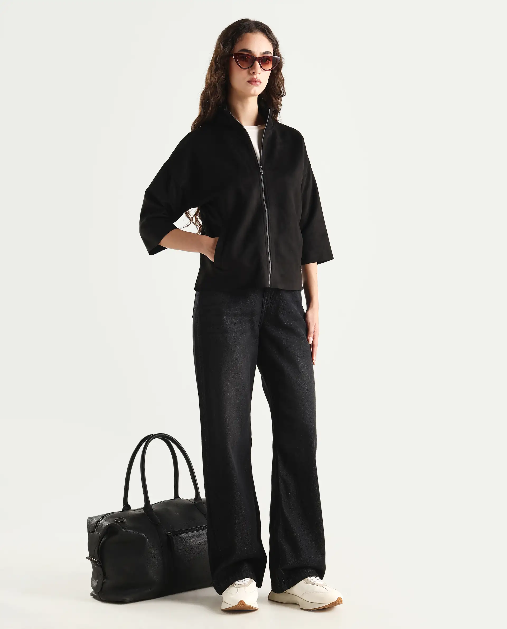 Rareism Women's Vasu 2 Black Suede Stand Collar Plain Boxy Fit Jacket - Image 2