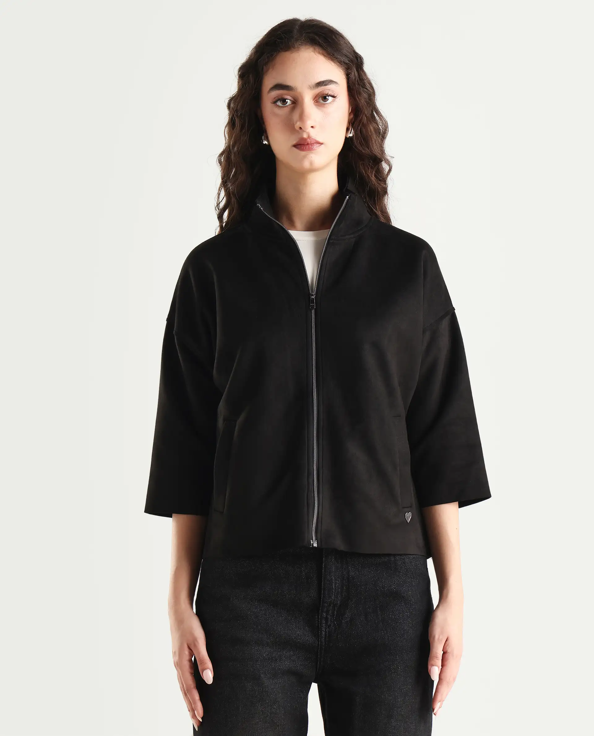 Rareism Women's Vasu 2 Black Suede Stand Collar Plain Boxy Fit Jacket - Image 3