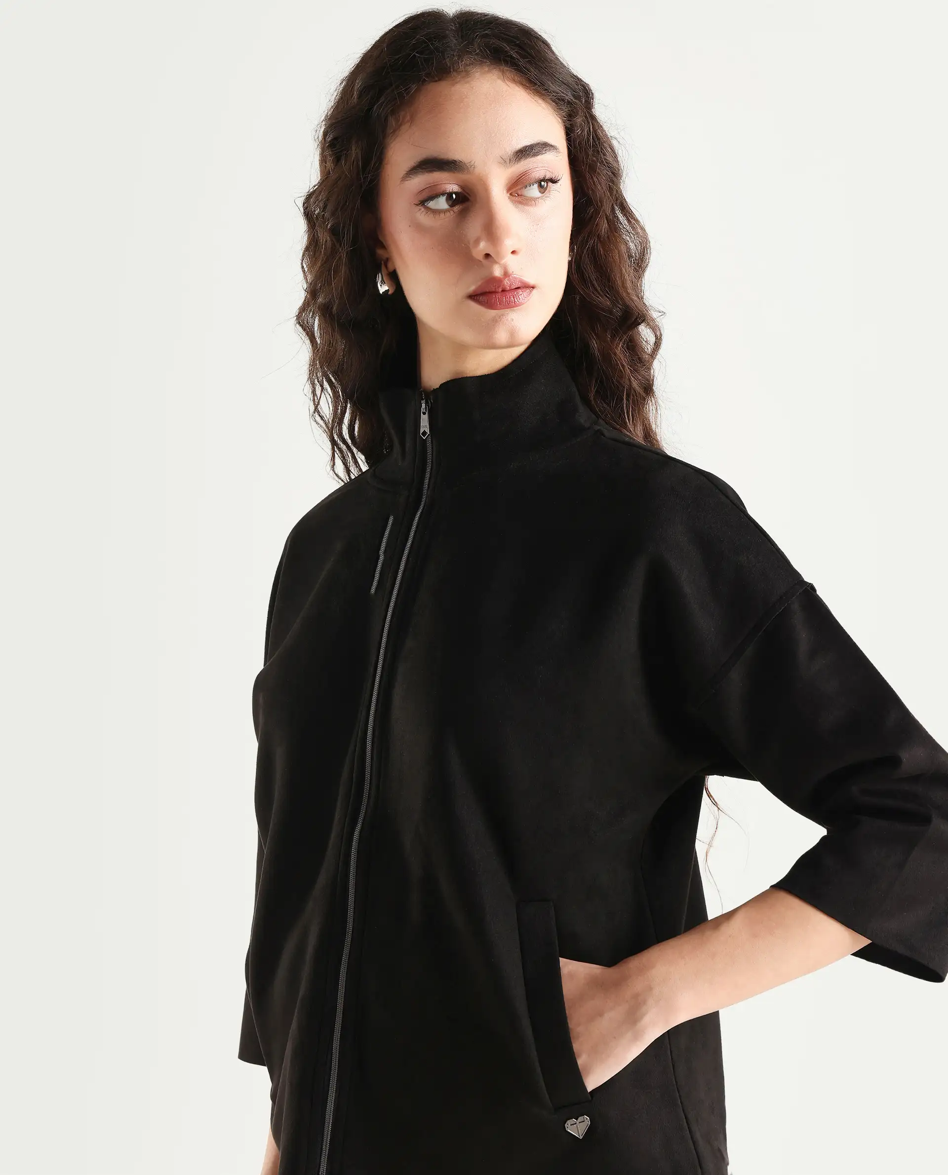 Rareism Women's Vasu 2 Black Suede Stand Collar Plain Boxy Fit Jacket - Image 4
