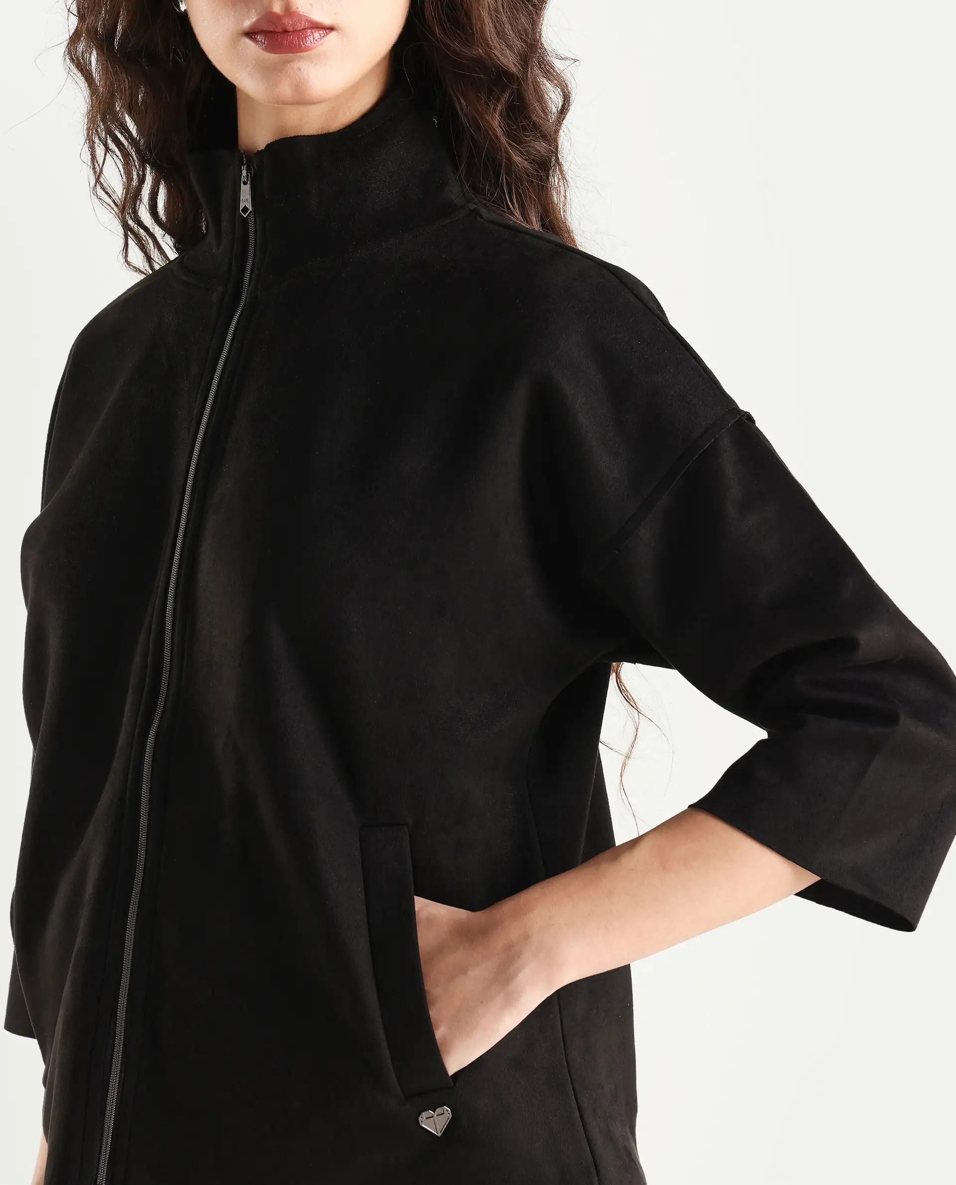 Rareism Women's Vasu 2 Black Suede Stand Collar Plain Boxy Fit Jacket - Image 5