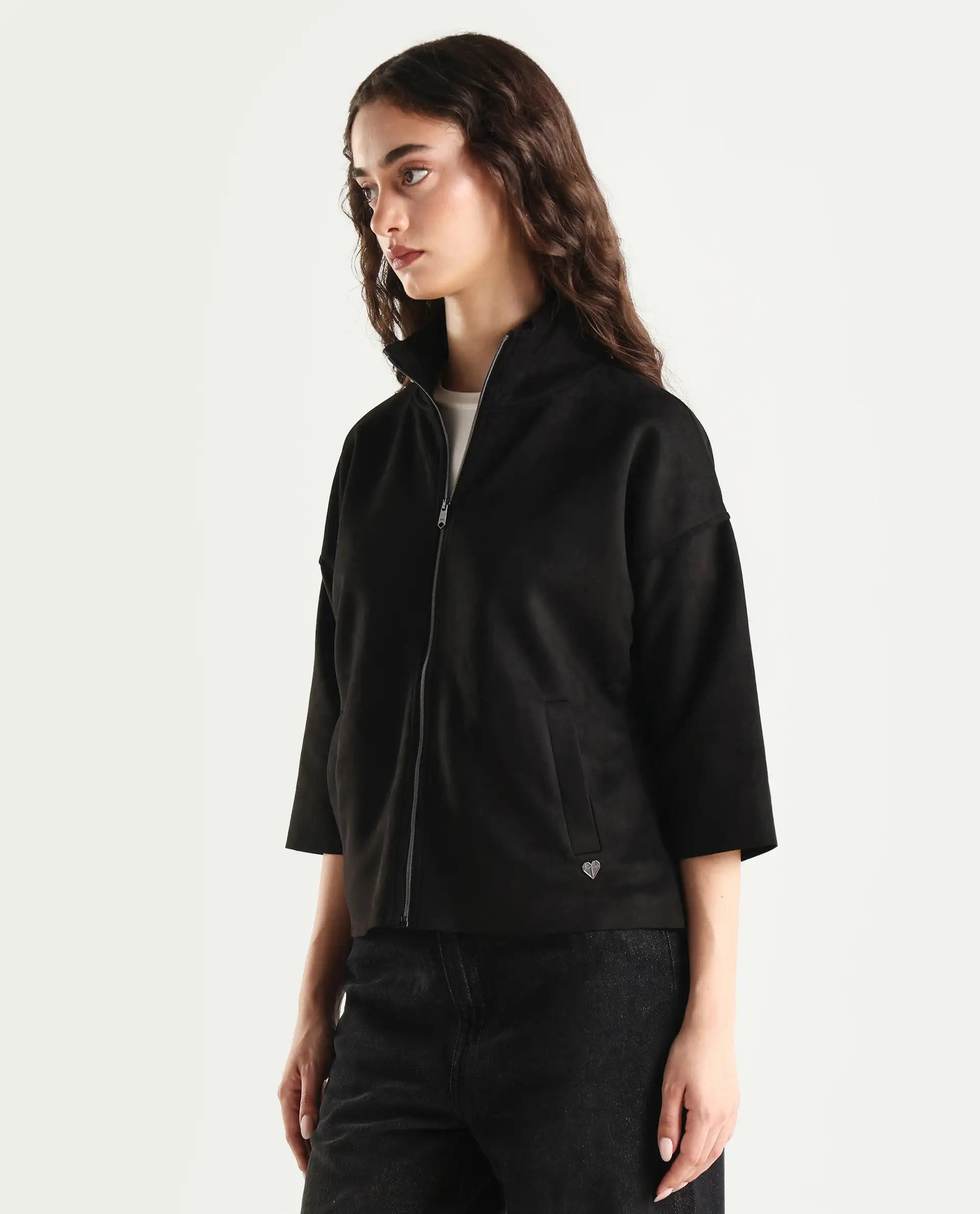 Rareism Women's Vasu 2 Black Suede Stand Collar Plain Boxy Fit Jacket - Image 6