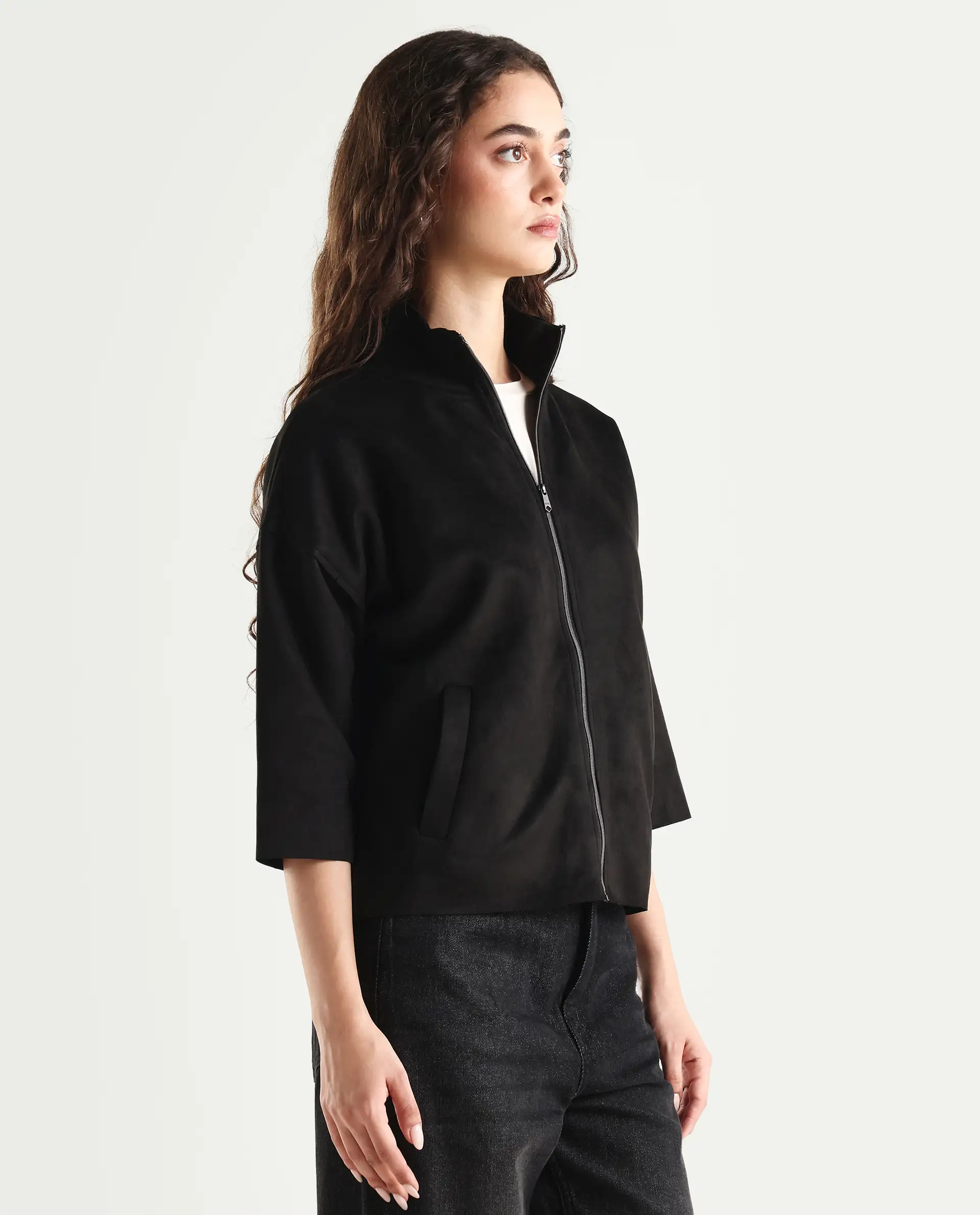 Rareism Women's Vasu 2 Black Suede Stand Collar Plain Boxy Fit Jacket - Image 7